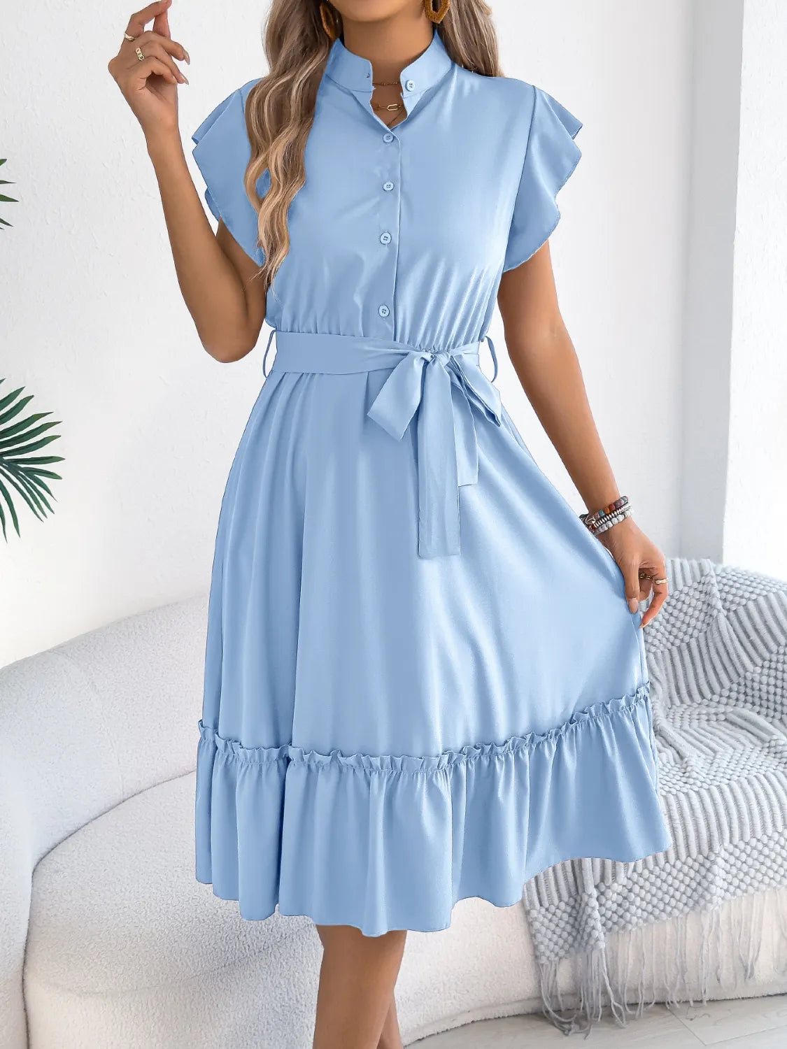 Tie Waist Ruffled Cap Sleeve Dress - Tigbul's Variety Fashion Shop
