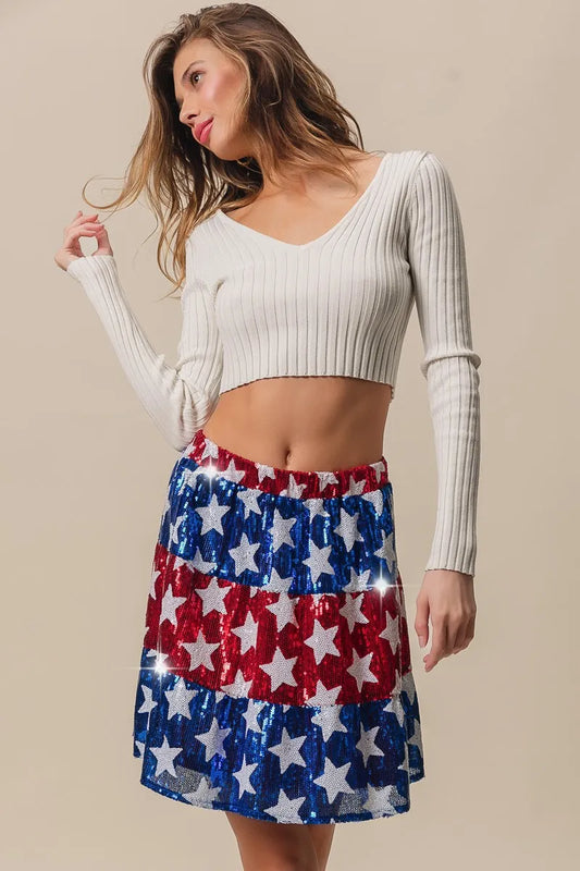 American Flag Theme Star Sequin Tiered Skirt - Tigbul's Variety Fashion Shop