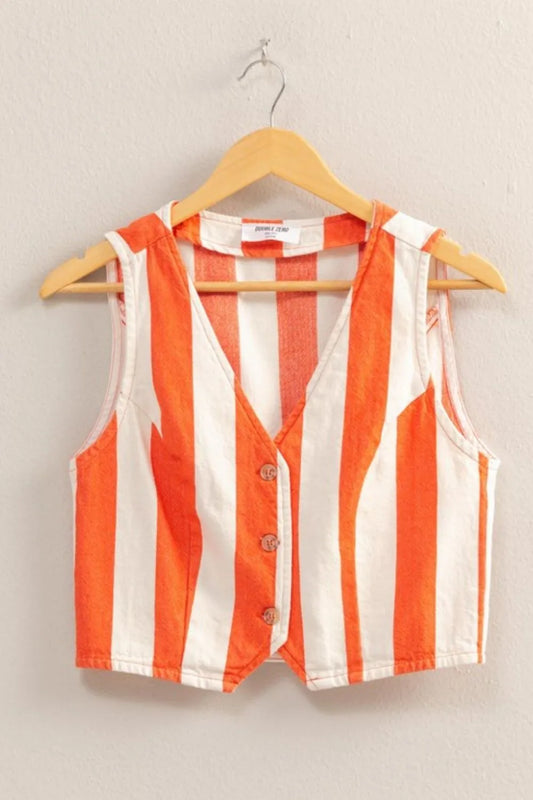 Woven Striped V-Neck Button Down Vest - Tigbul's Variety Fashion Shop