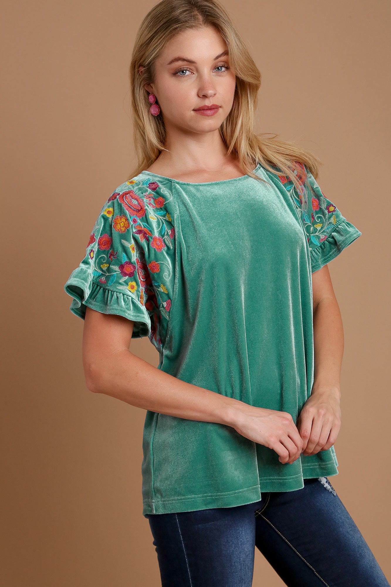 Umgee Velvet Embroidery Short Sleeve Blouse - Tigbul's Variety Fashion Shop