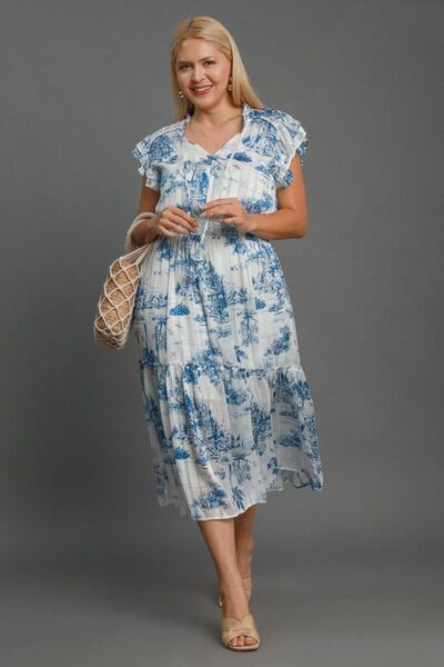 Sky Blue Two Tone Landscape Print Midi Dress - Tigbul's Variety Fashion Shop