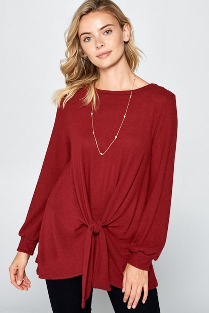 Burgundy Round Neck Knot Front Hacci Blouse - Tigbul's Variety Fashion Shop