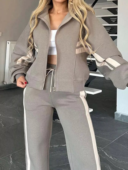 Full Size Contrast Stripe Zip Up Jacket and Pants Set Plus Size - Tigbul's Variety Fashion Shop