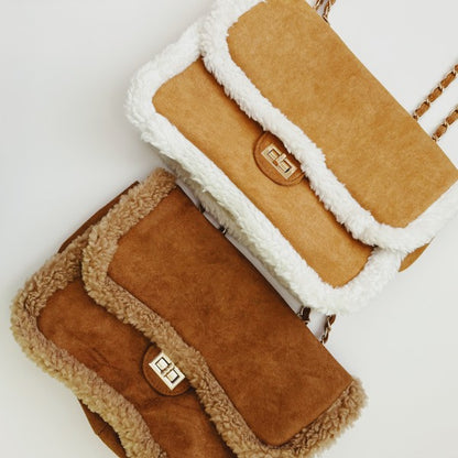 Luxe Deluxe Fluffy Trim Chain Shoulder Bag - Tigbul's Variety Fashion Shop