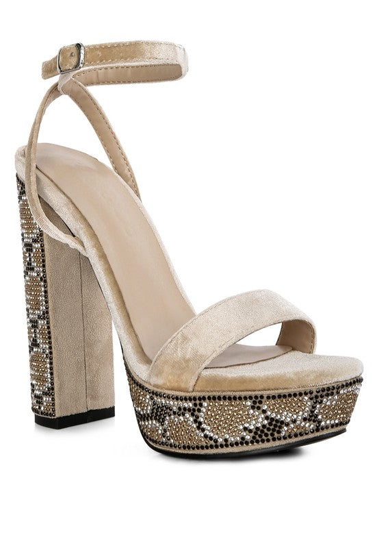 ZIRCON Diamante Studded High Block Heel Sandals - Tigbul's Variety Fashion Shop