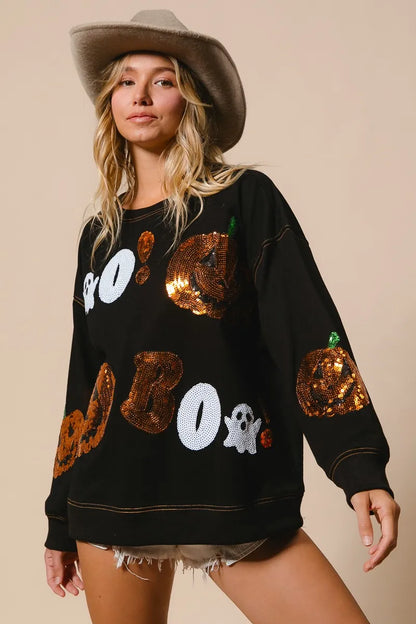 BiBi Halloween Theme Sequin Embroideries Sweatshirt - Tigbul's Variety Fashion Shop
