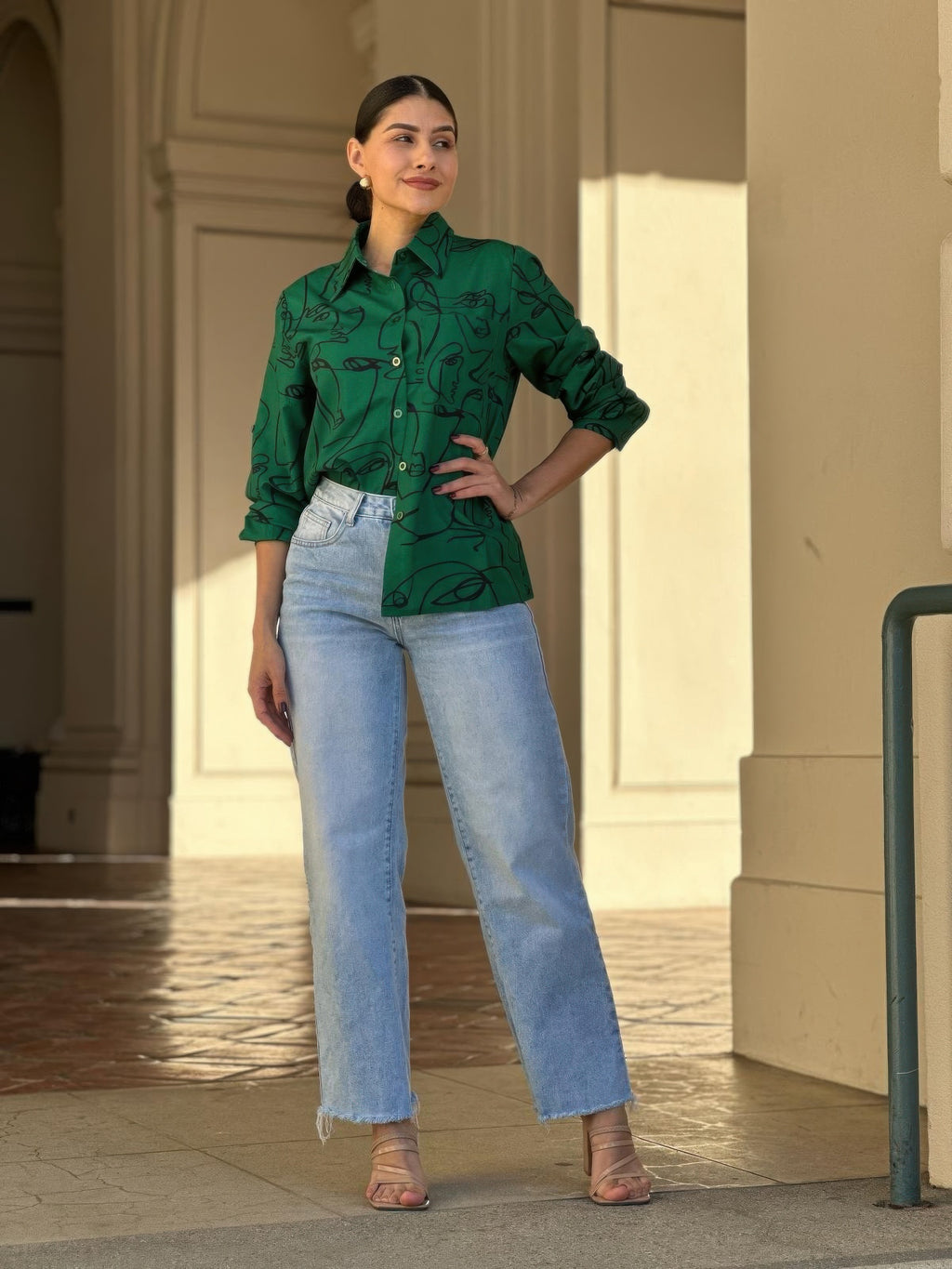 Green face-print button-up blouse, collared neckline with button front and rolled sleeves