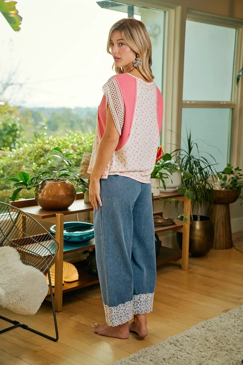 Washed Denim Elastic Waist Flower Lace Trim Pants | Tigbuls