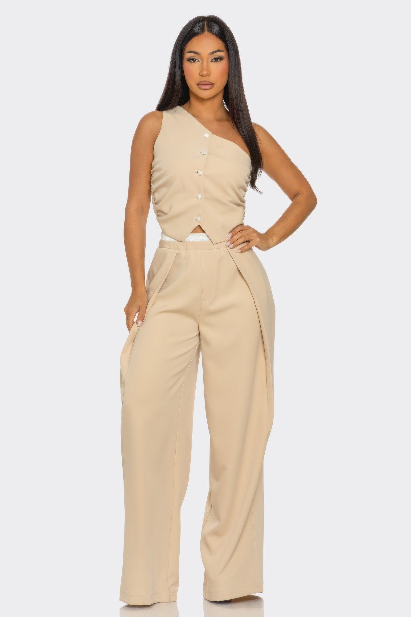 Fanny Pants Set stone sleeveless button-front top & wide-leg trousers