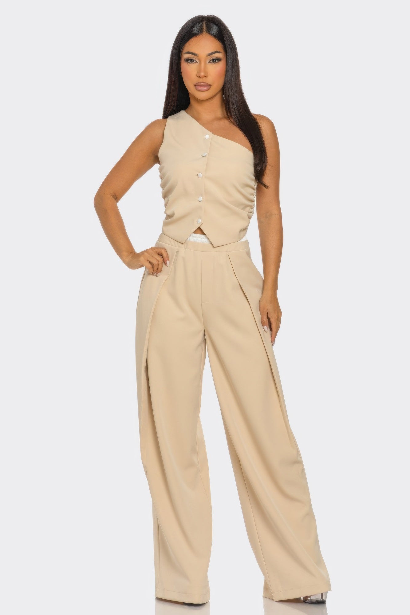 Fanny Pants Set stone ruched sleeveless top with button placket, high-waist wide pants
