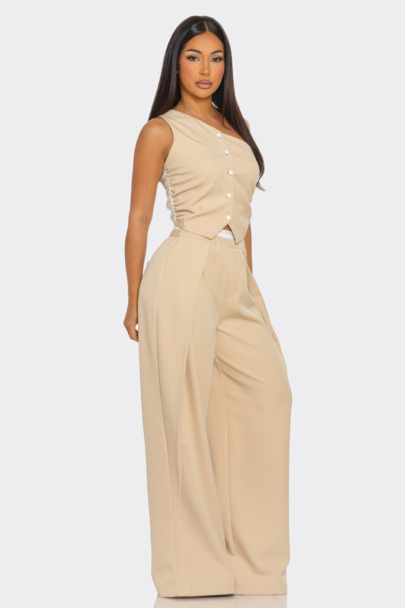 Fanny Pants Set stone sleeveless top with button detail and wide-leg trousers