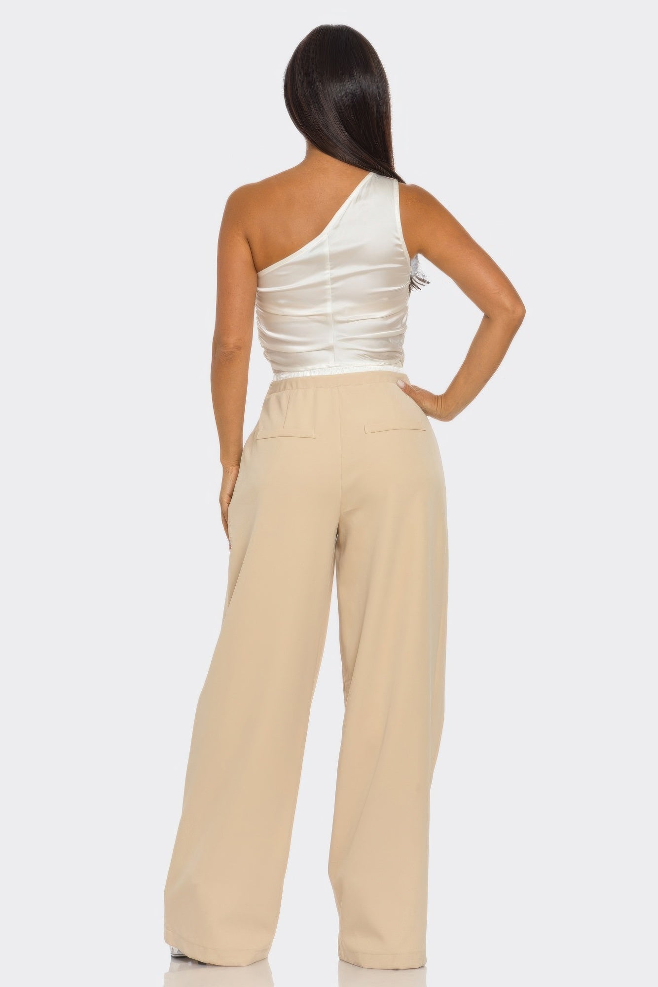 Fanny Pants Set stone back view: scoop-back sleeveless top & wide-leg trousers