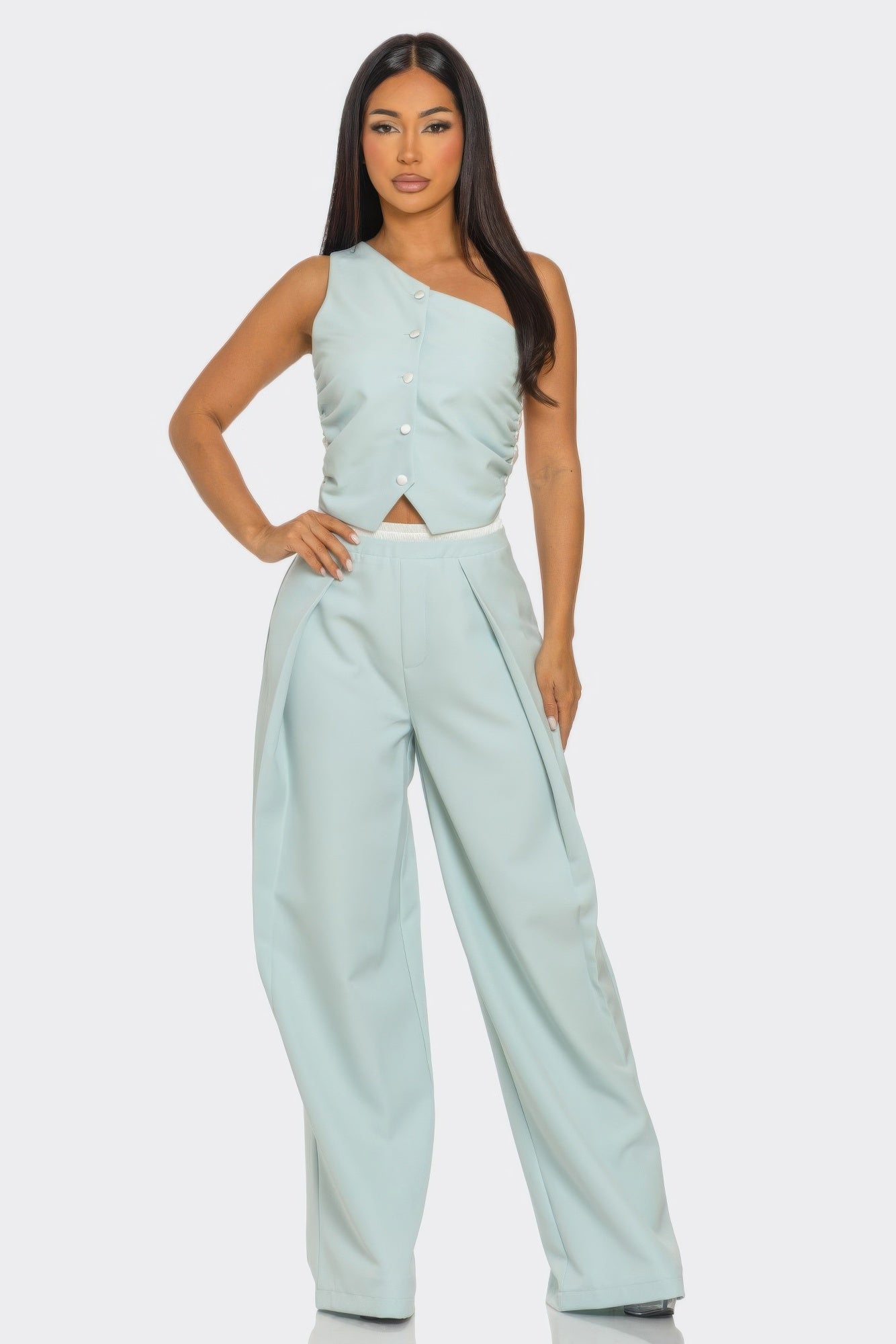 Fanny Pants Set sky sleeveless button-front top & matching wide-leg trousers