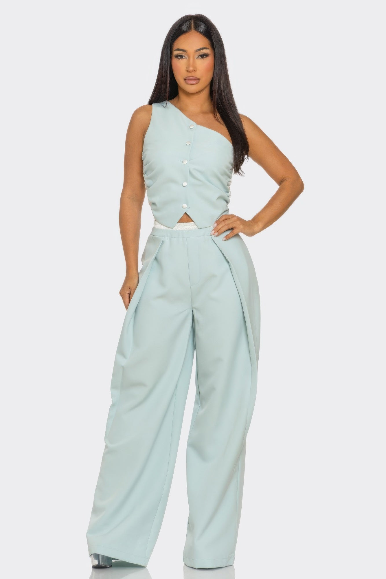 Fanny Pants Set sky ruched top with buttons and high-waist wide-leg pants