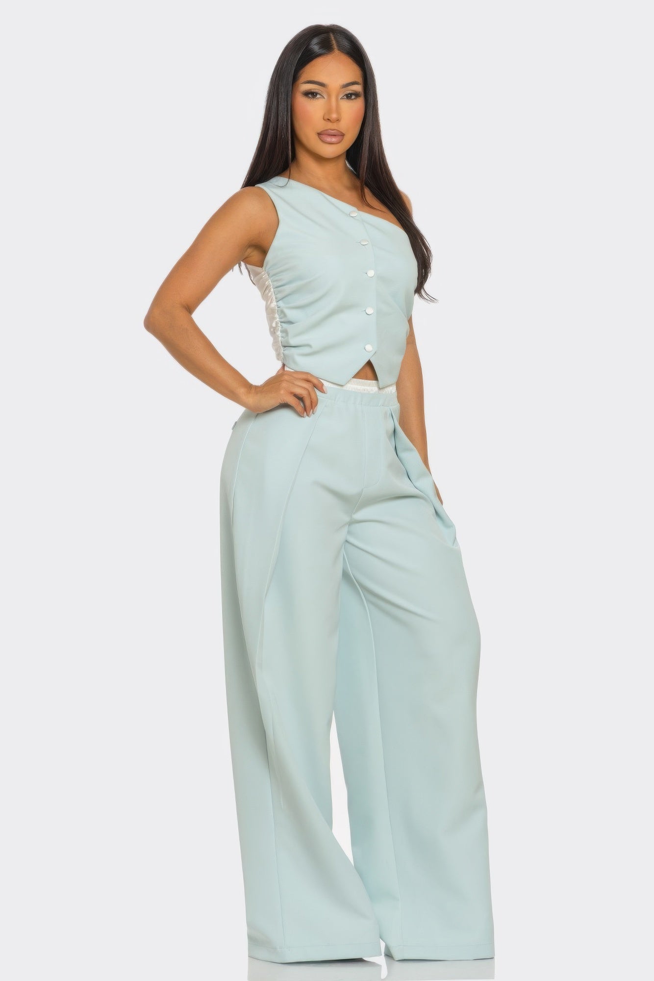 Fanny Pants Set sky sleeveless top with button placket and flowing wide trousers