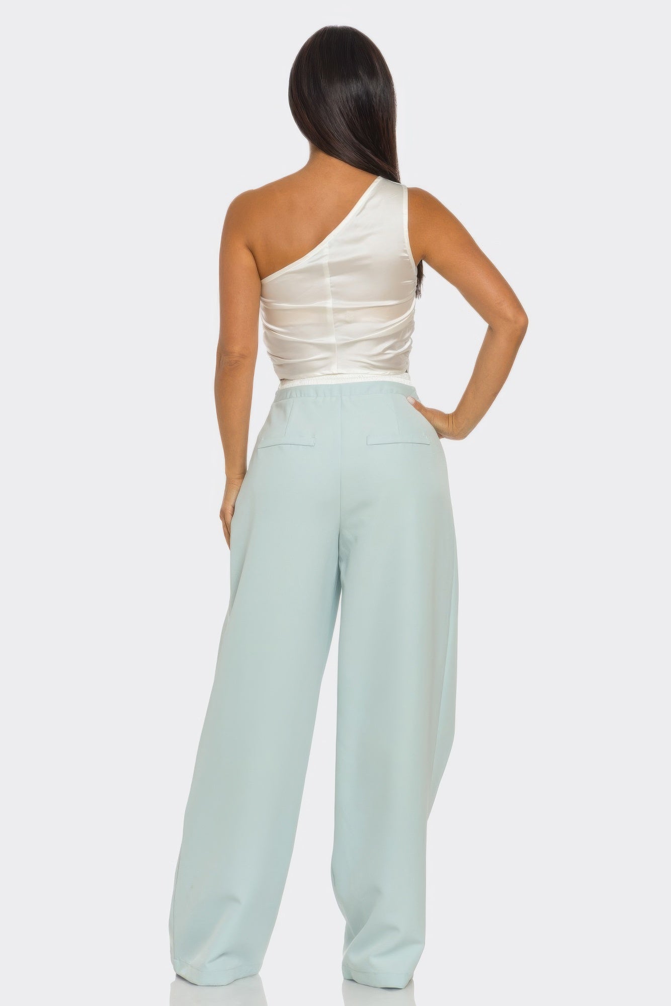 Fanny Pants Set sky back view: scoop-back sleeveless top & wide-leg trousers
