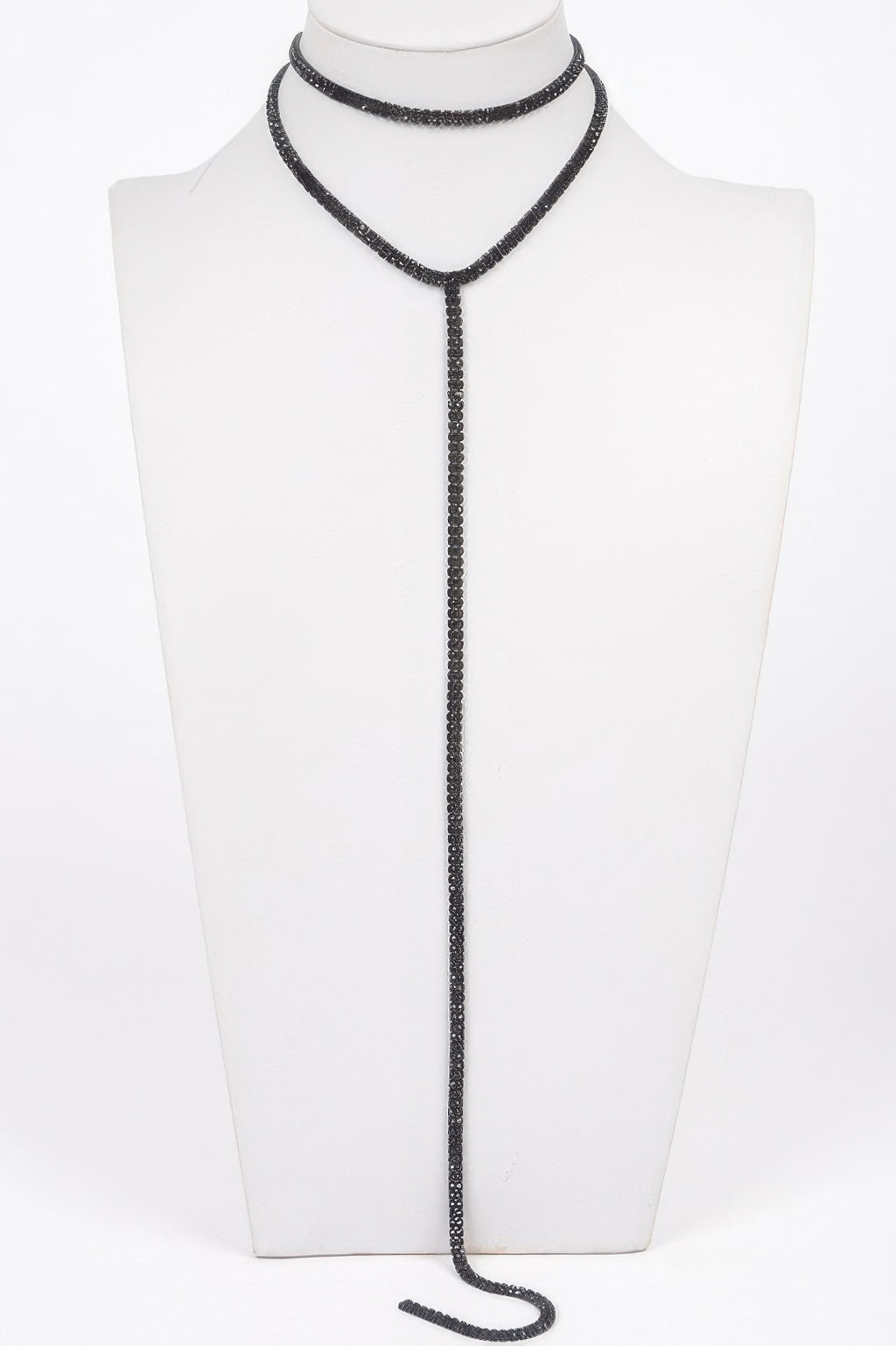Long choker necklace, black rhinestone double loop with long dangling strand