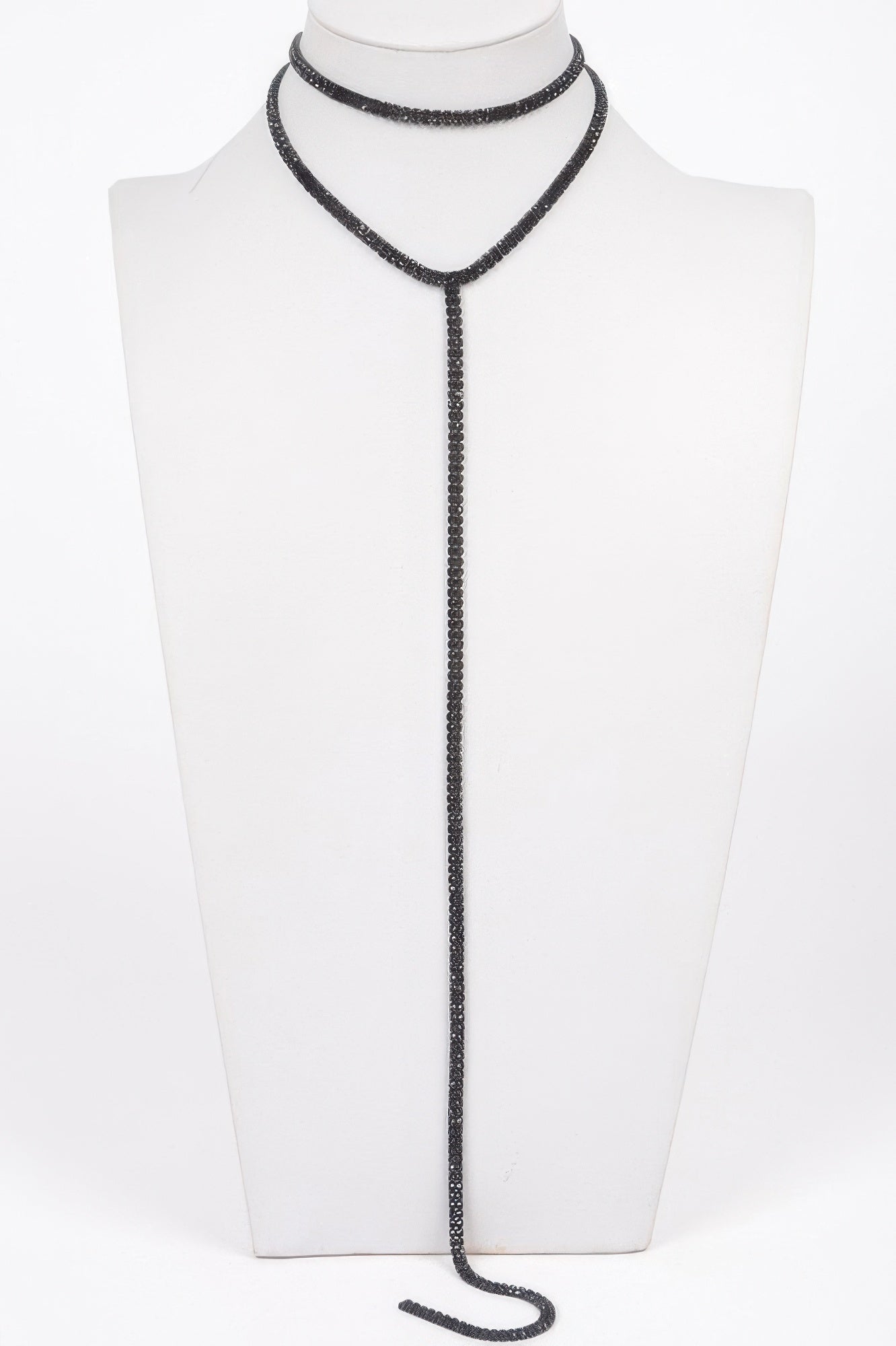 Long choker necklace, black rhinestone double loop with long dangling strand