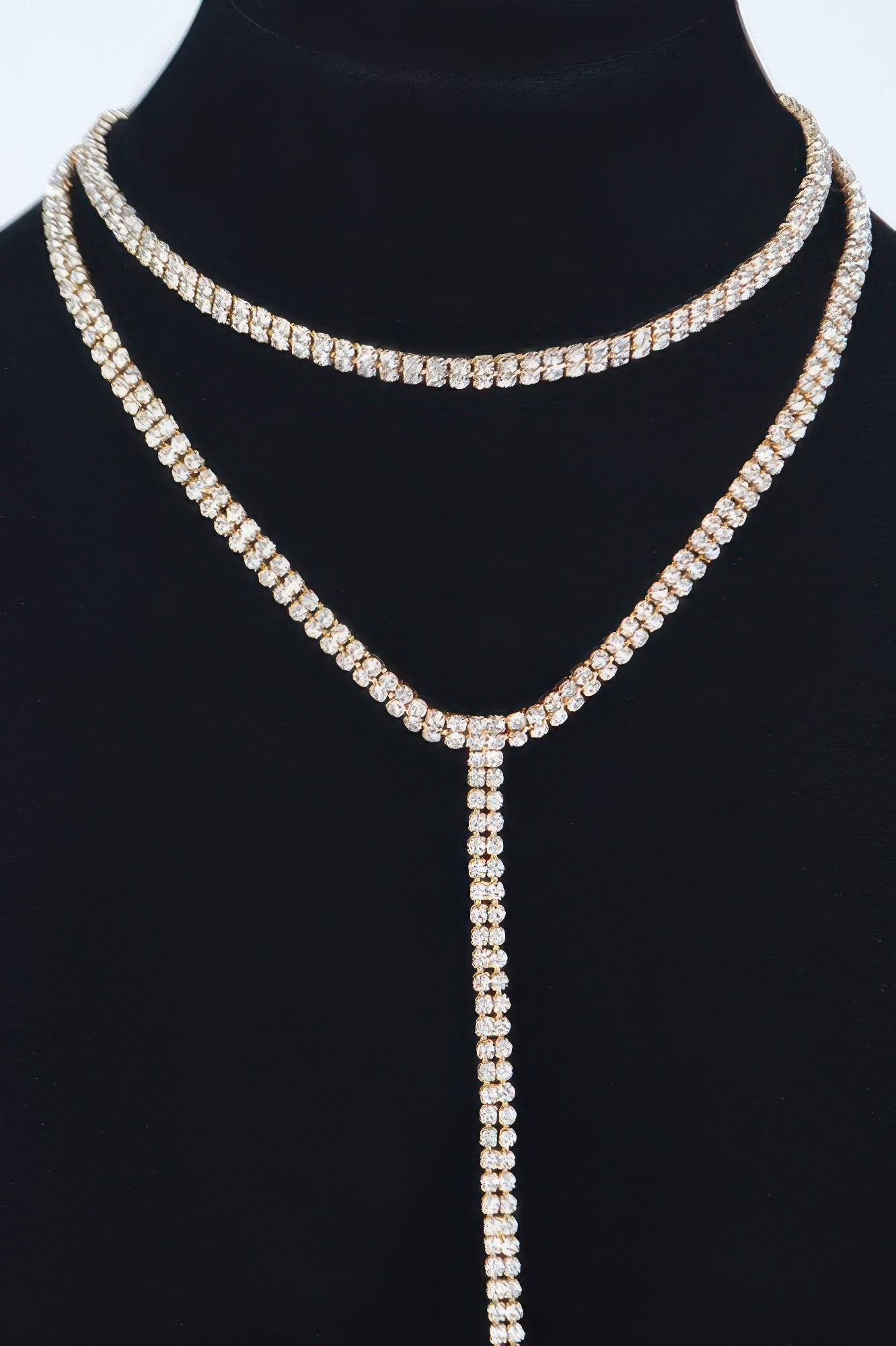 Long choker necklace, gold rhinestone scalloped layered collar with long pendant chain