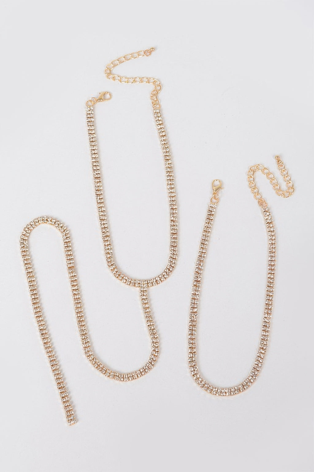Long choker necklace, gold rhinestone layered strands with U-shaped long drop