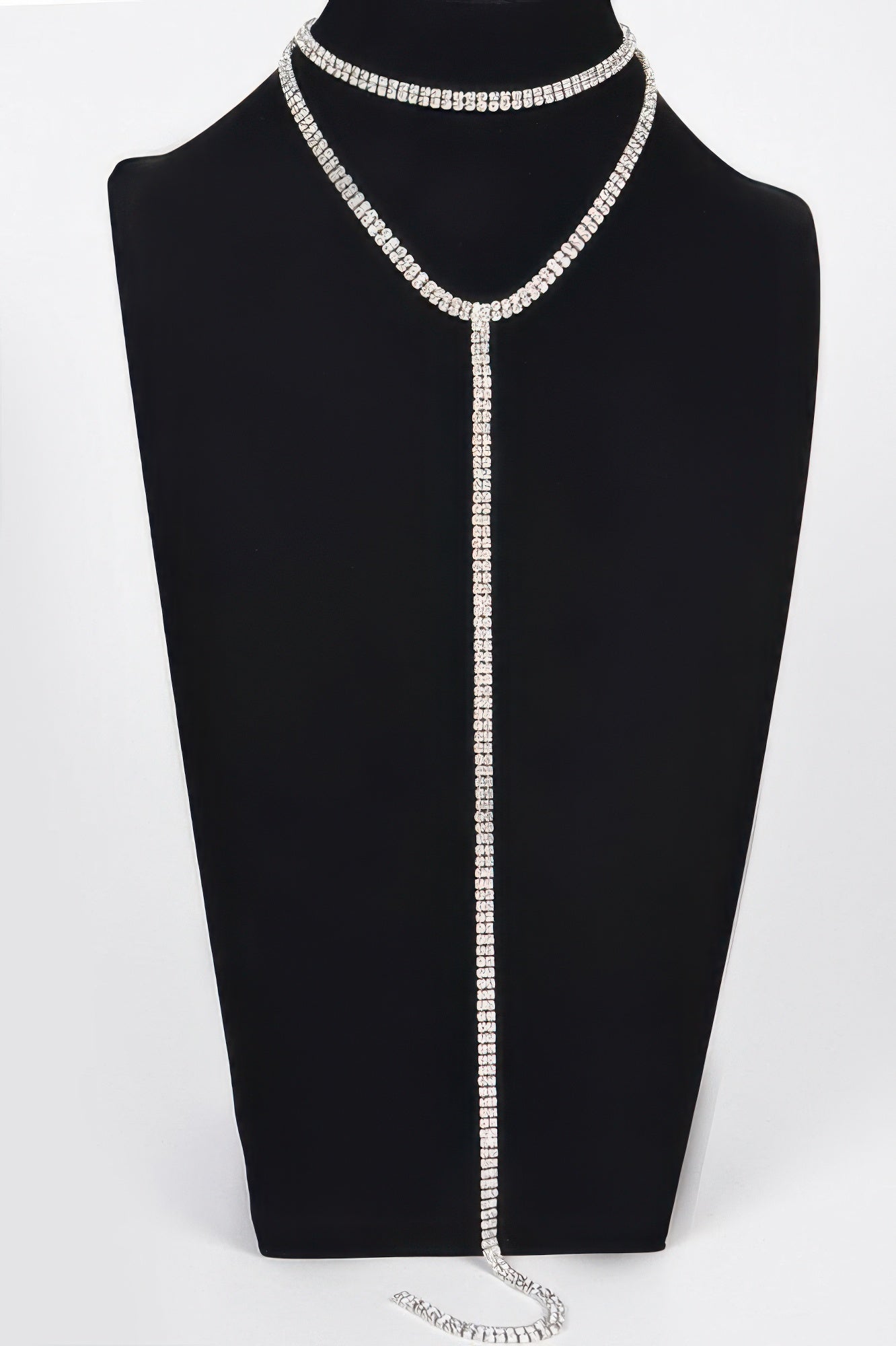 Long choker necklace, silver rhinestone double-row collar with long vertical drop