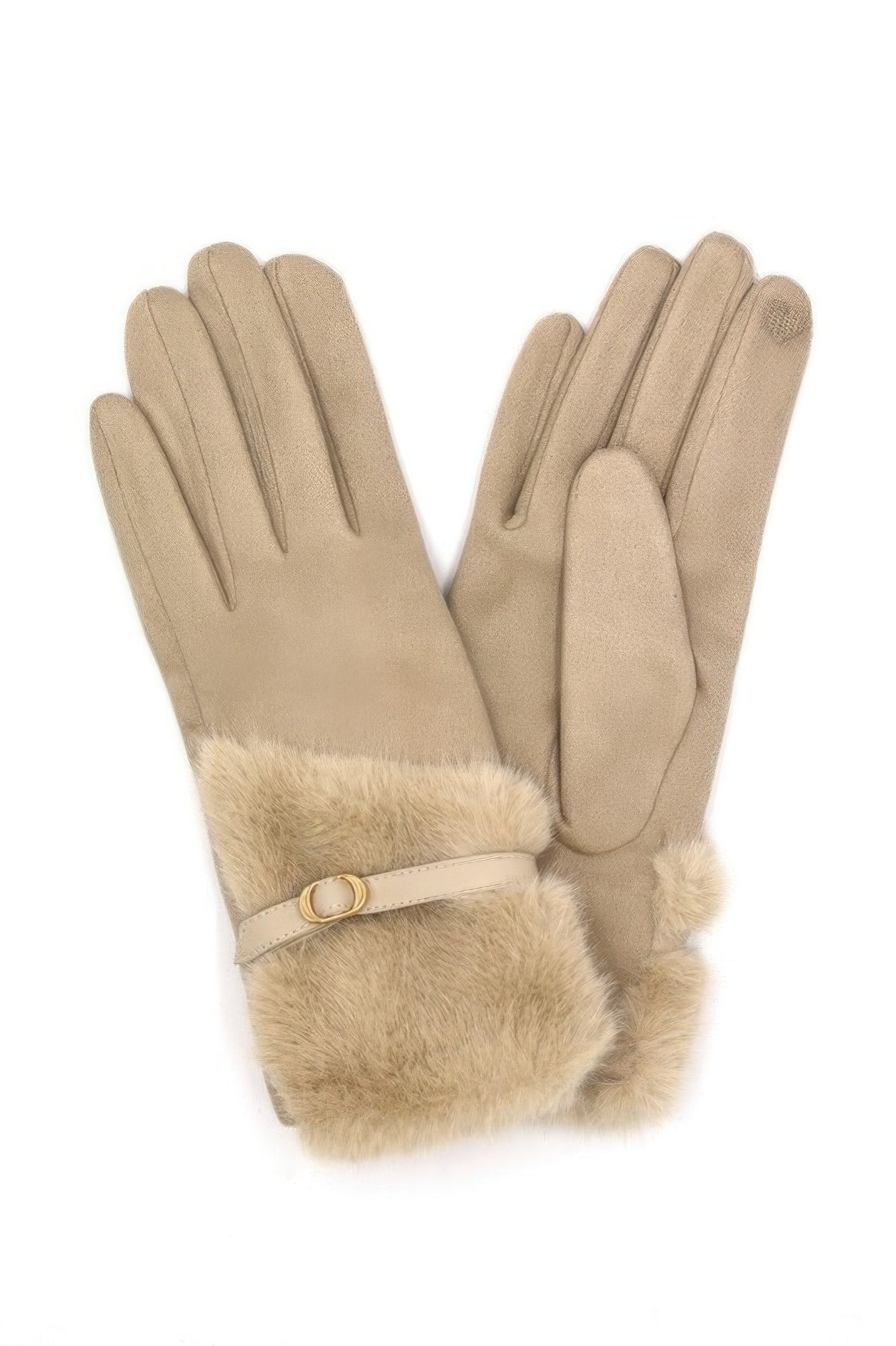 Beige Handschuhe mit Faux-Fur-Bündchen und Riemen mit Schnalle am Handgelenk