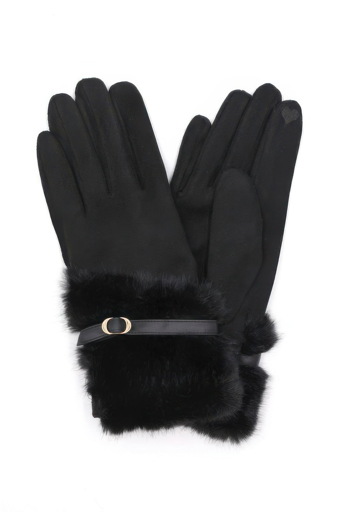 Schwarze Handschuhe mit Faux-Fur-Bündchen und Riemen mit Metall-Schnalle