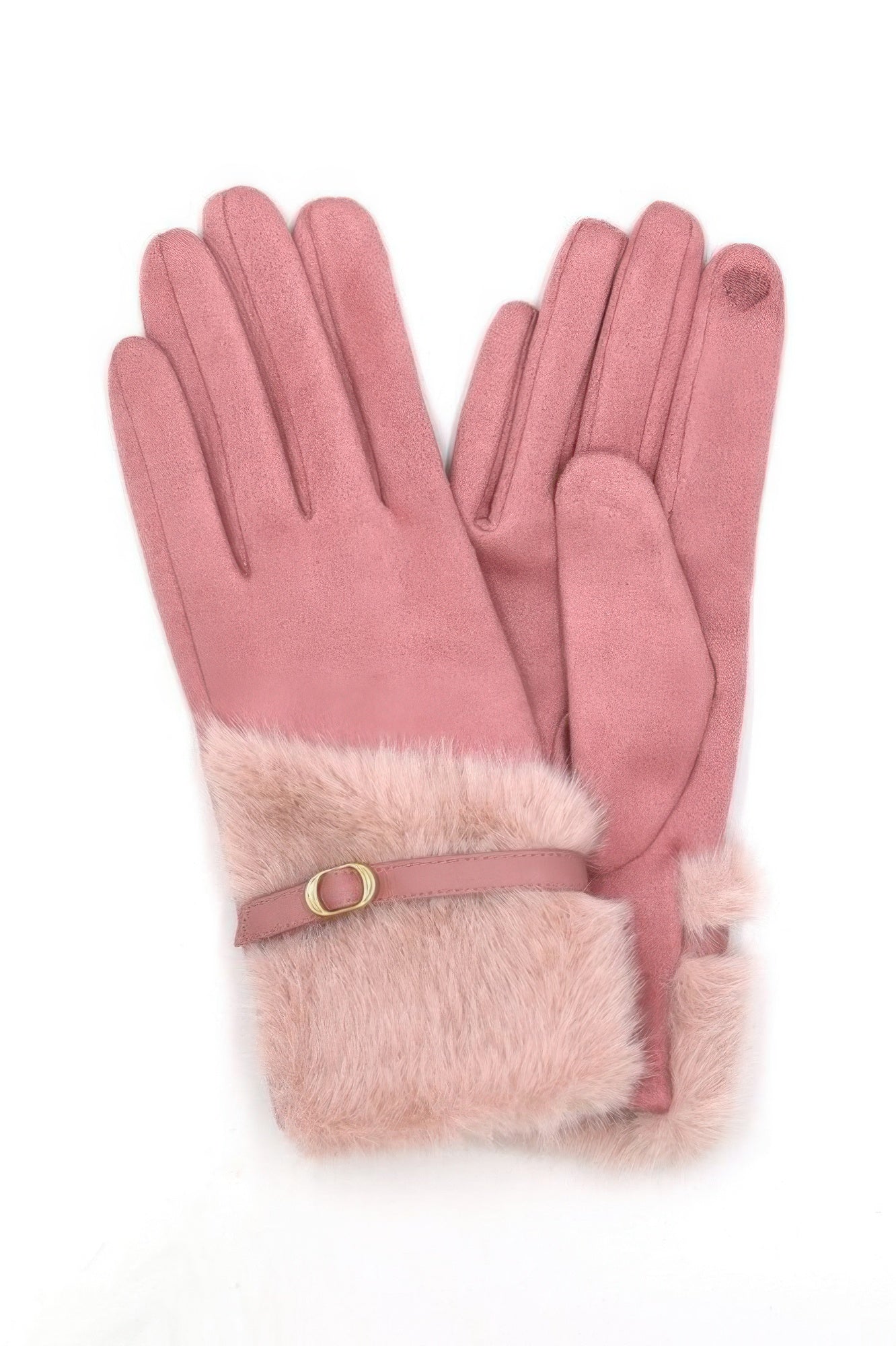 Rosa Handschuhe mit Faux-Fur-Bündchen und Riemen mit Schnalle am Handgelenk