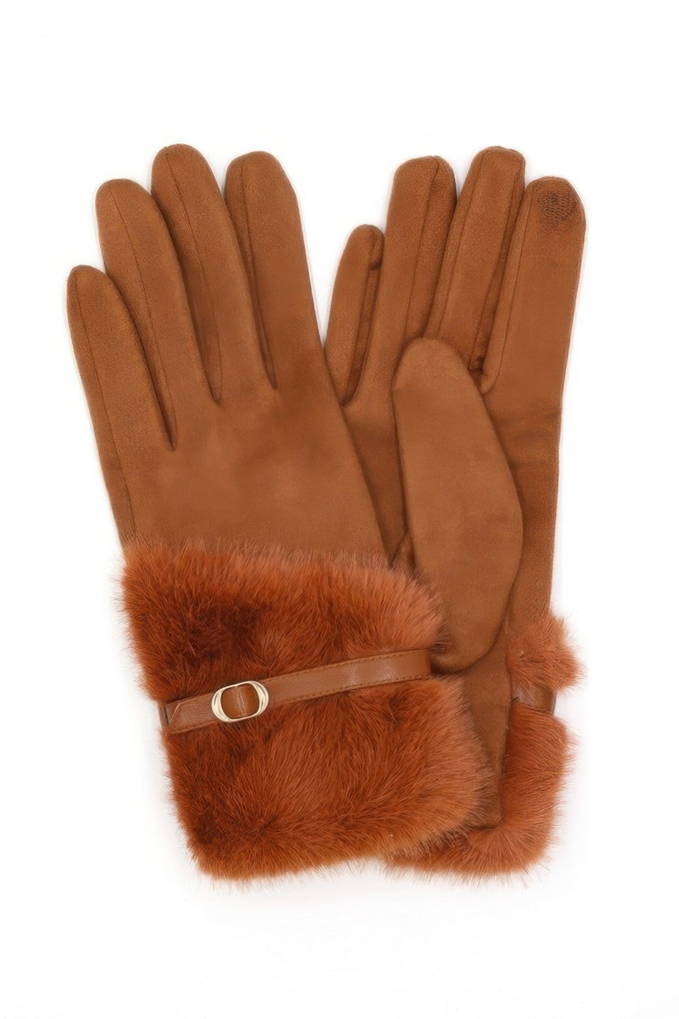 Rostbraune Handschuhe mit Faux-Fur-Bündchen und Riemen mit Schnalle