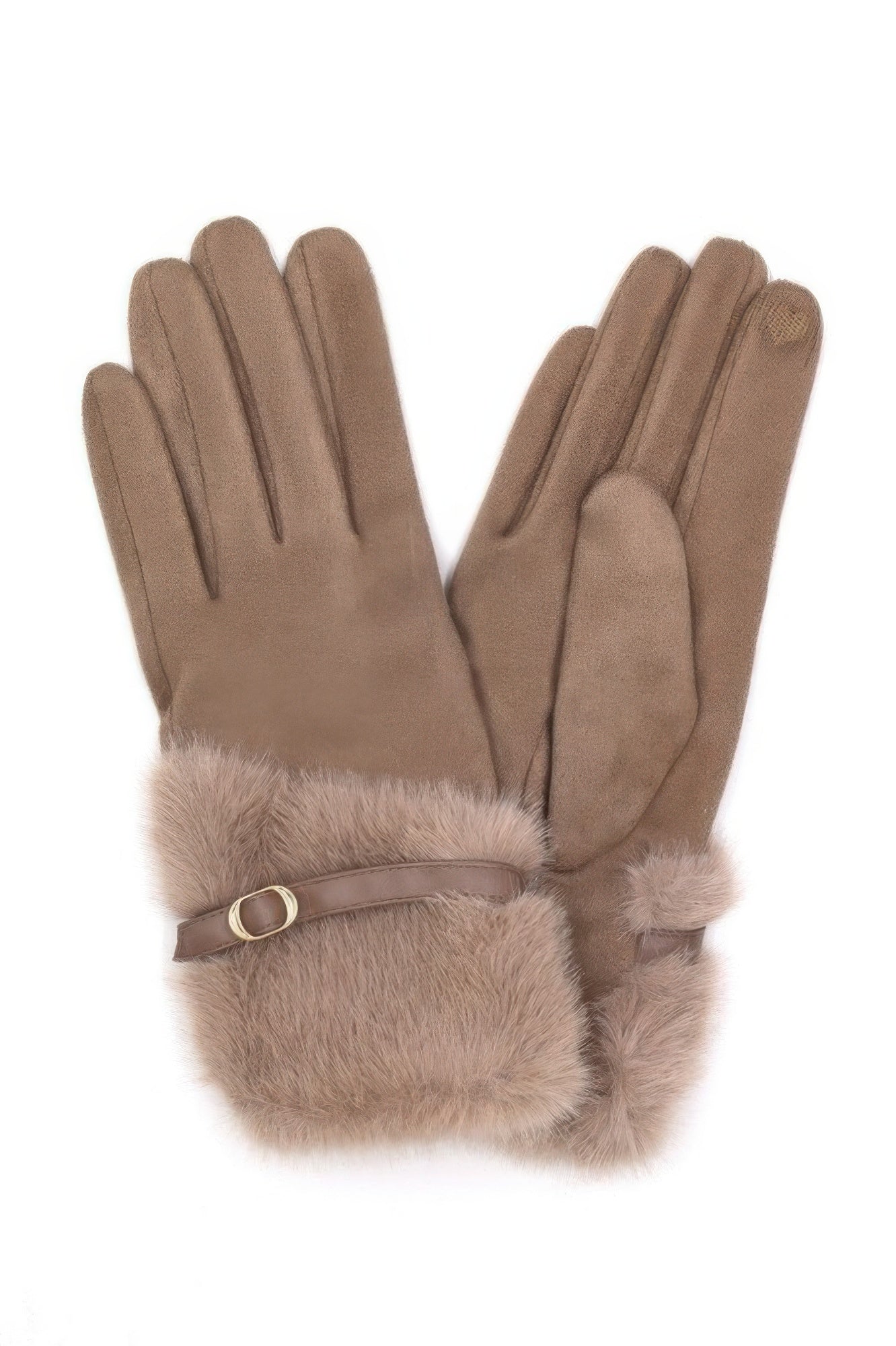 Taupe Handschuhe mit Faux-Fur-Bündchen und Riemen mit Schnalle am Handgelenk