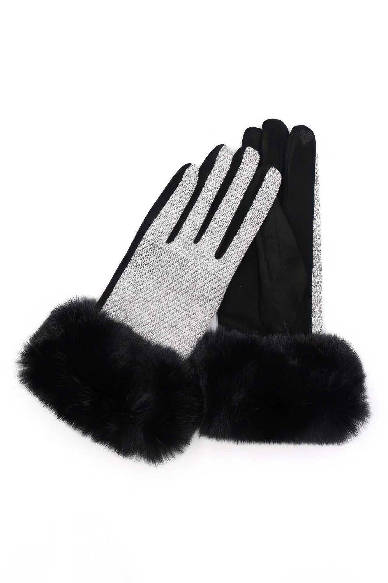Faux fur cuff smart touch gloves—black knit with black faux fur cuff