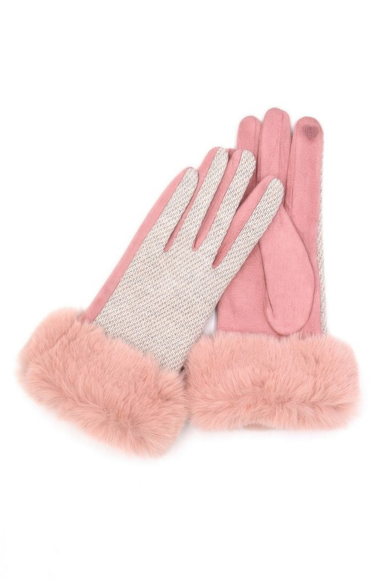 Faux fur cuff smart touch gloves—pink knit with light pink faux fur cuff