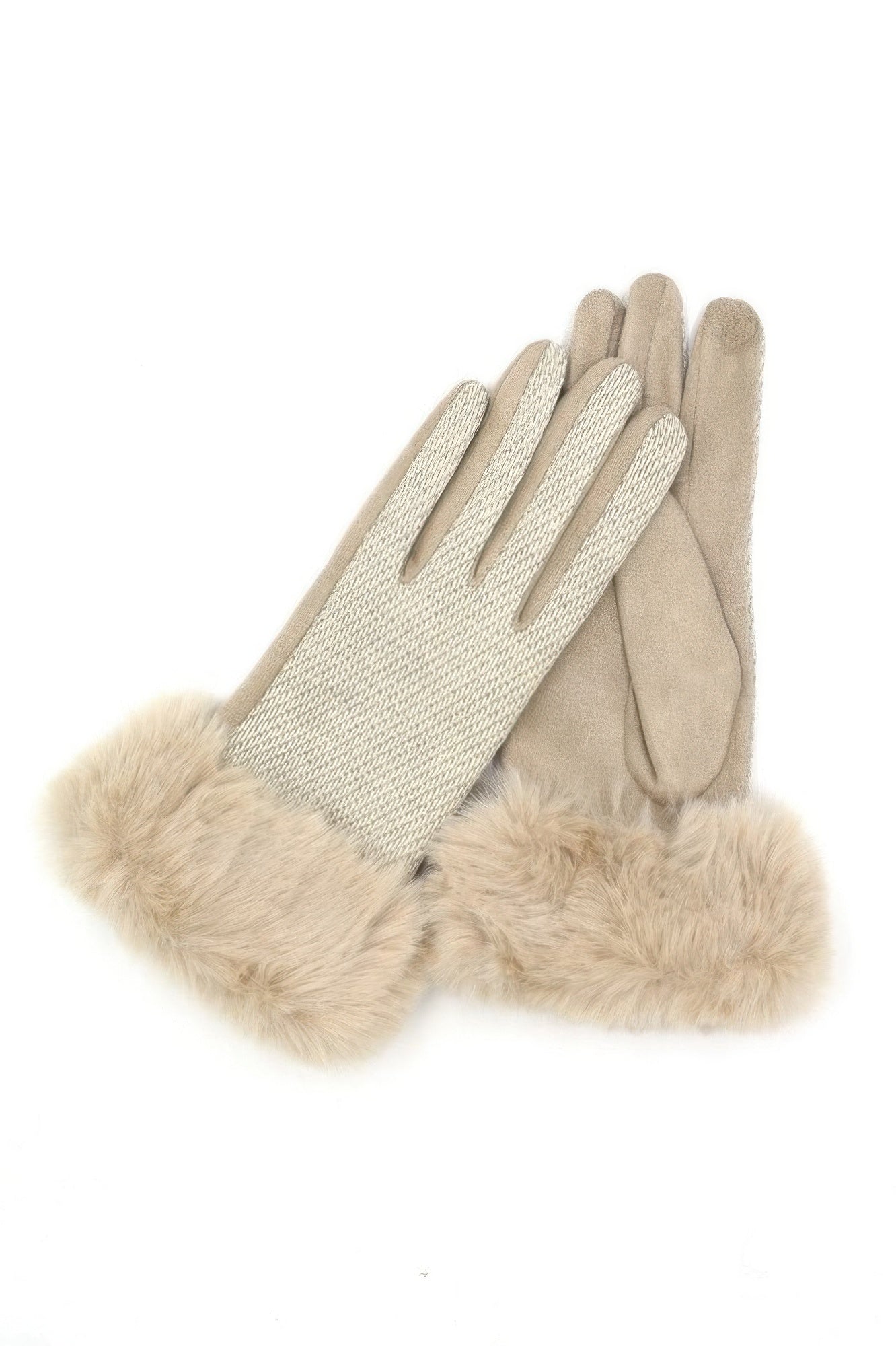 Faux fur cuff smart touch gloves—beige knit with cream faux fur cuff