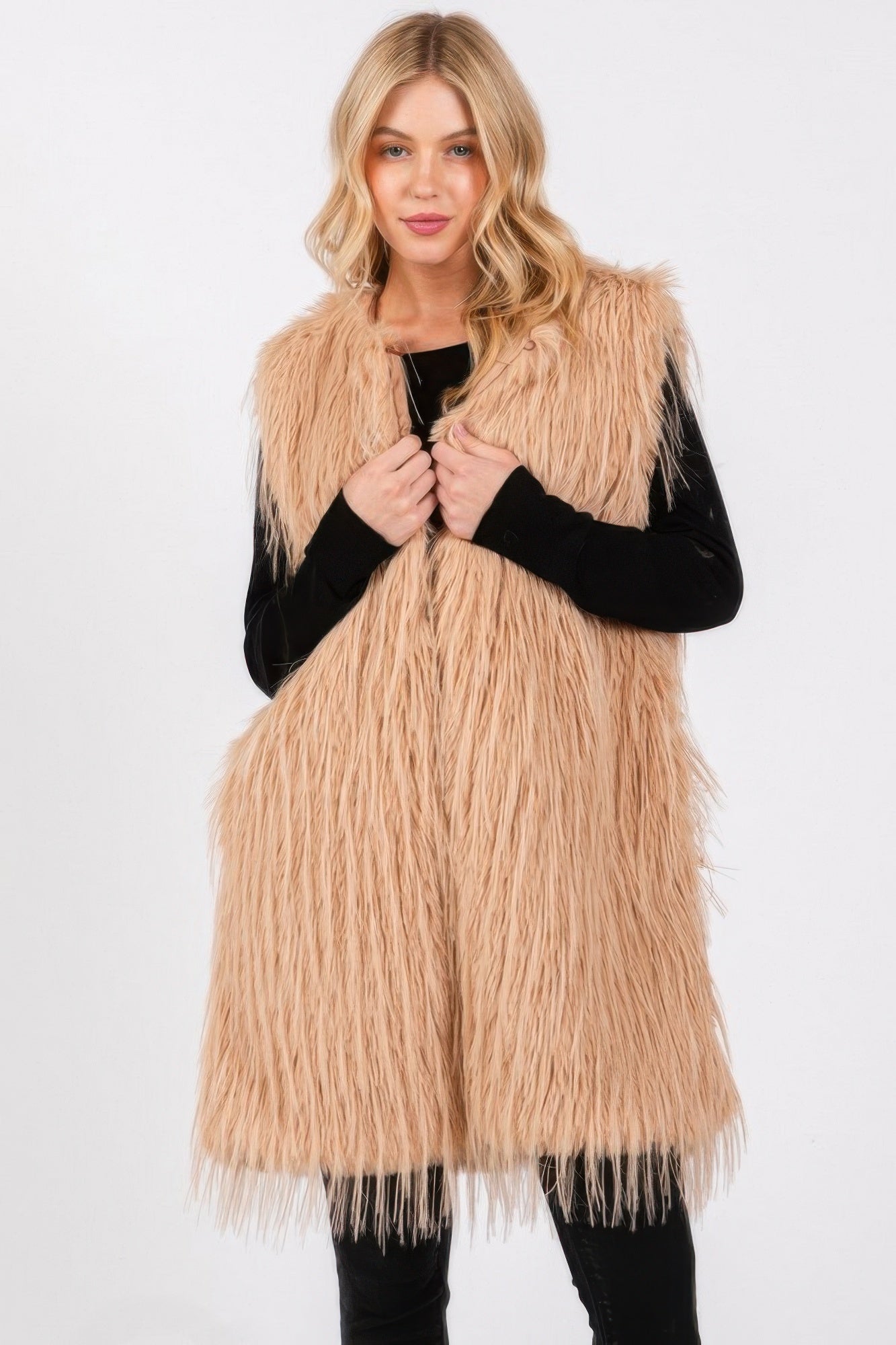 Taupe faux fur pocket vest with open front and shaggy texture