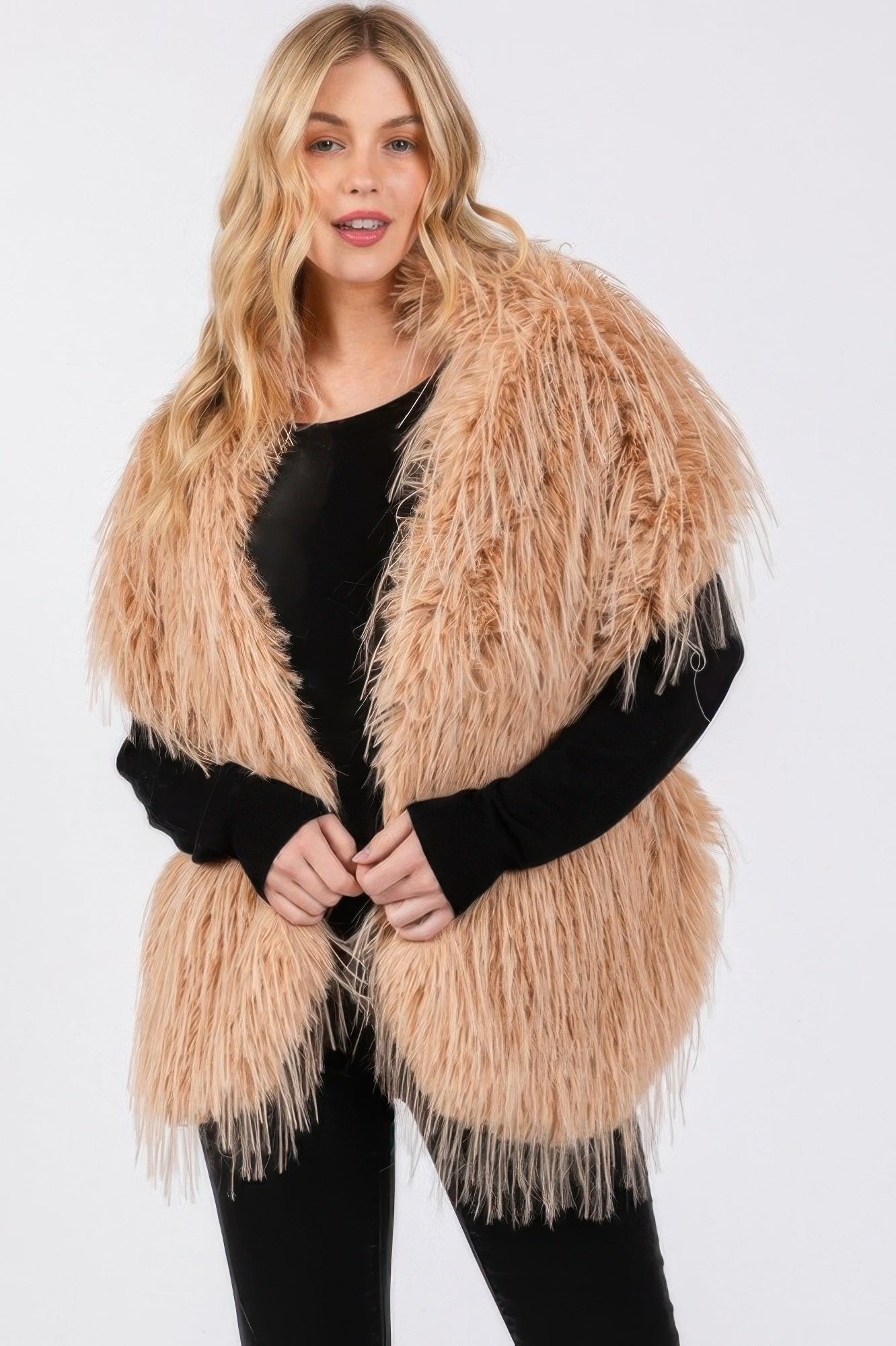 Taupe faux fur pull-through shawl, shaggy texture with fringe edges