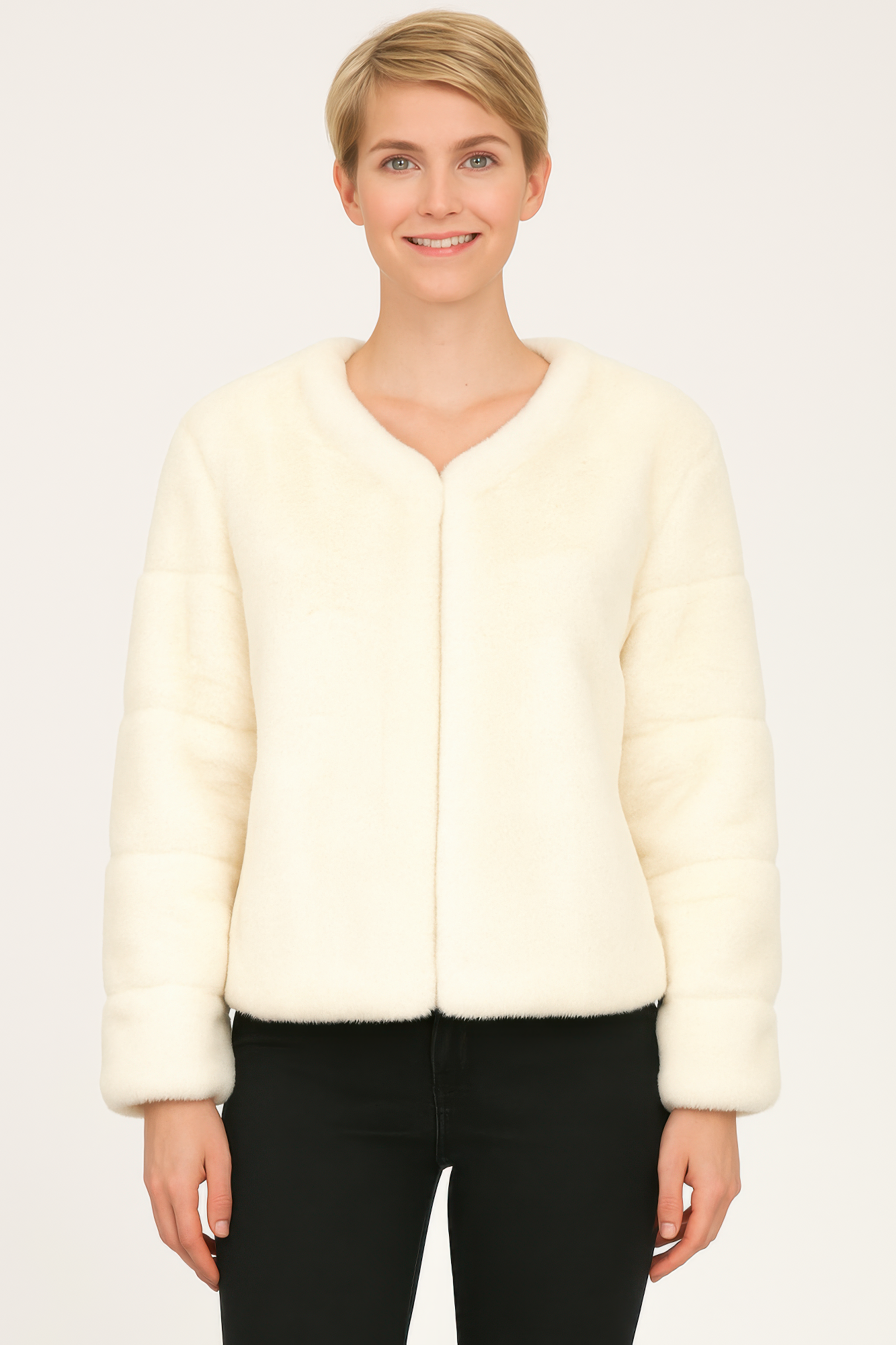 Faux Fur Trim Cape, Ivory—soft faux fur with open front and short sleeves