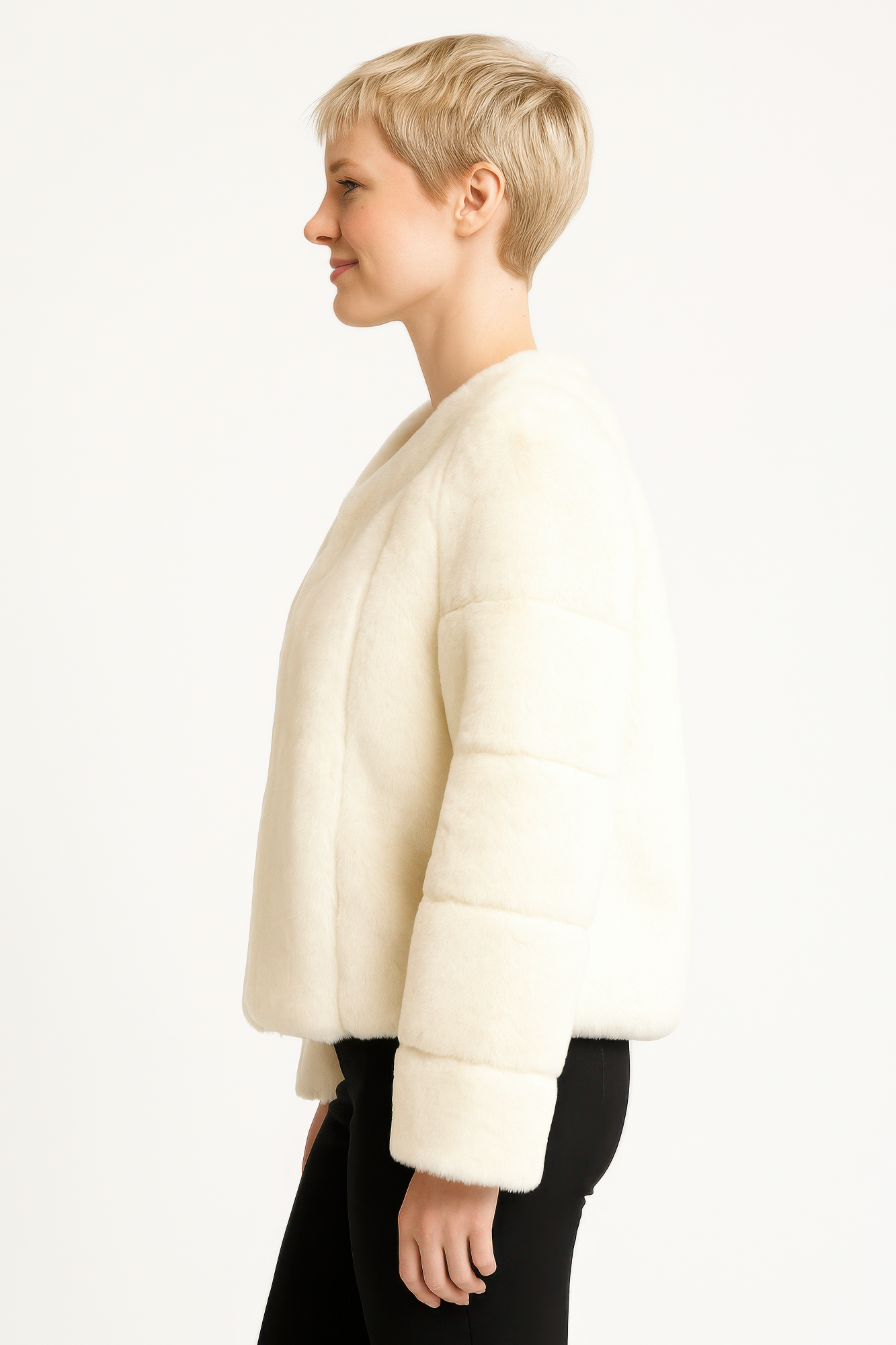 Faux Fur Trim Cape in Ivory—side view, plush faux fur cape with rounded neckline