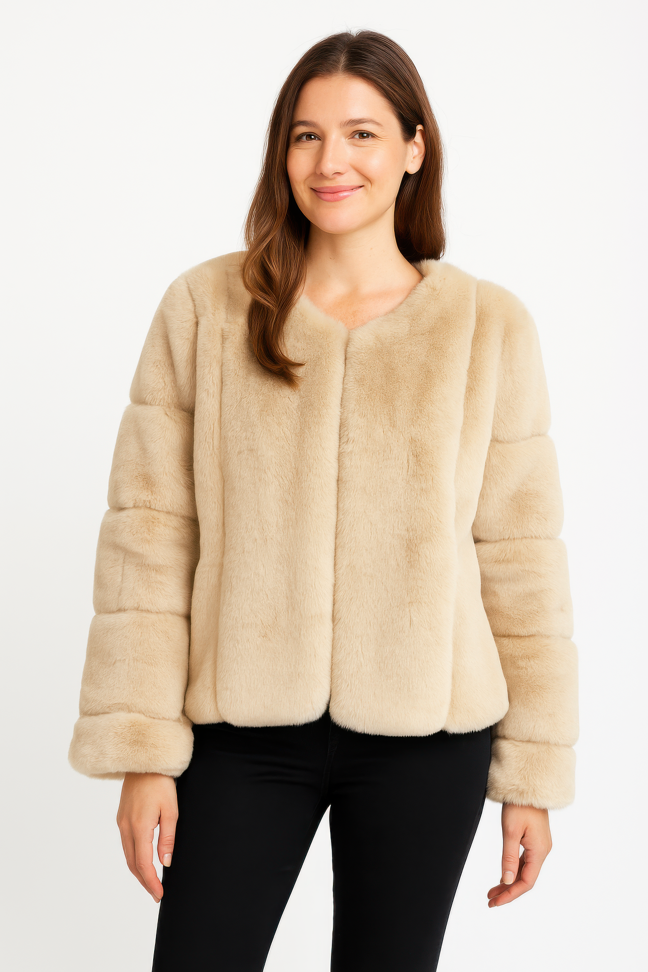 Faux Fur Trim Cape, Camel—faux fur trim with open front and puffy sleeves