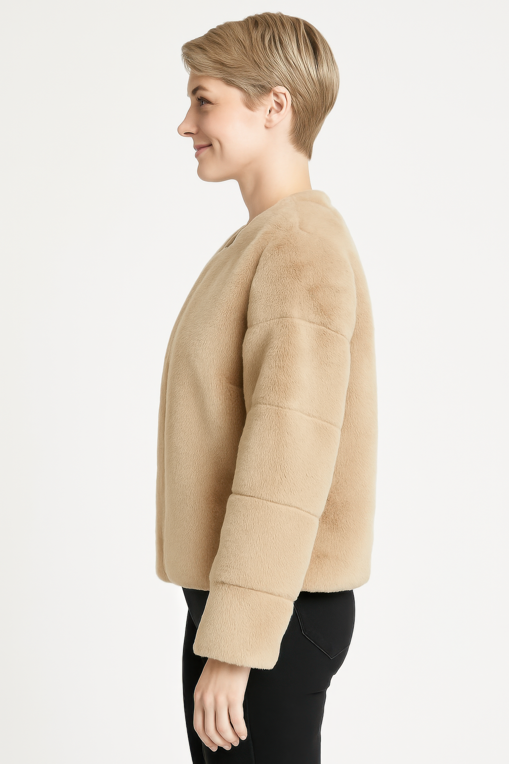 Faux Fur Trim Cape in Camel—side view, plush faux fur with rounded collar