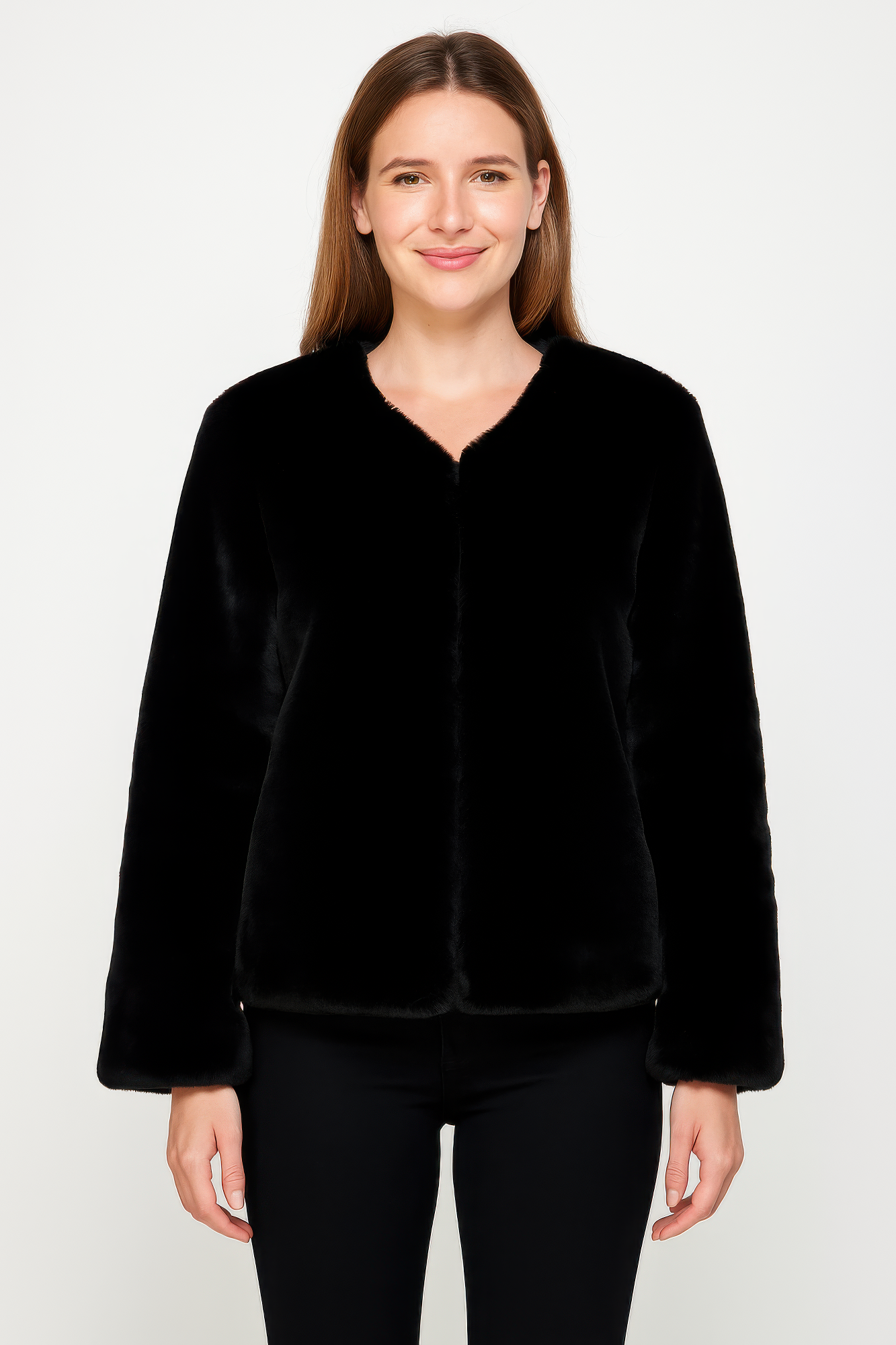 Faux Fur Trim Cape, Black—soft faux fur with open front and long sleeves