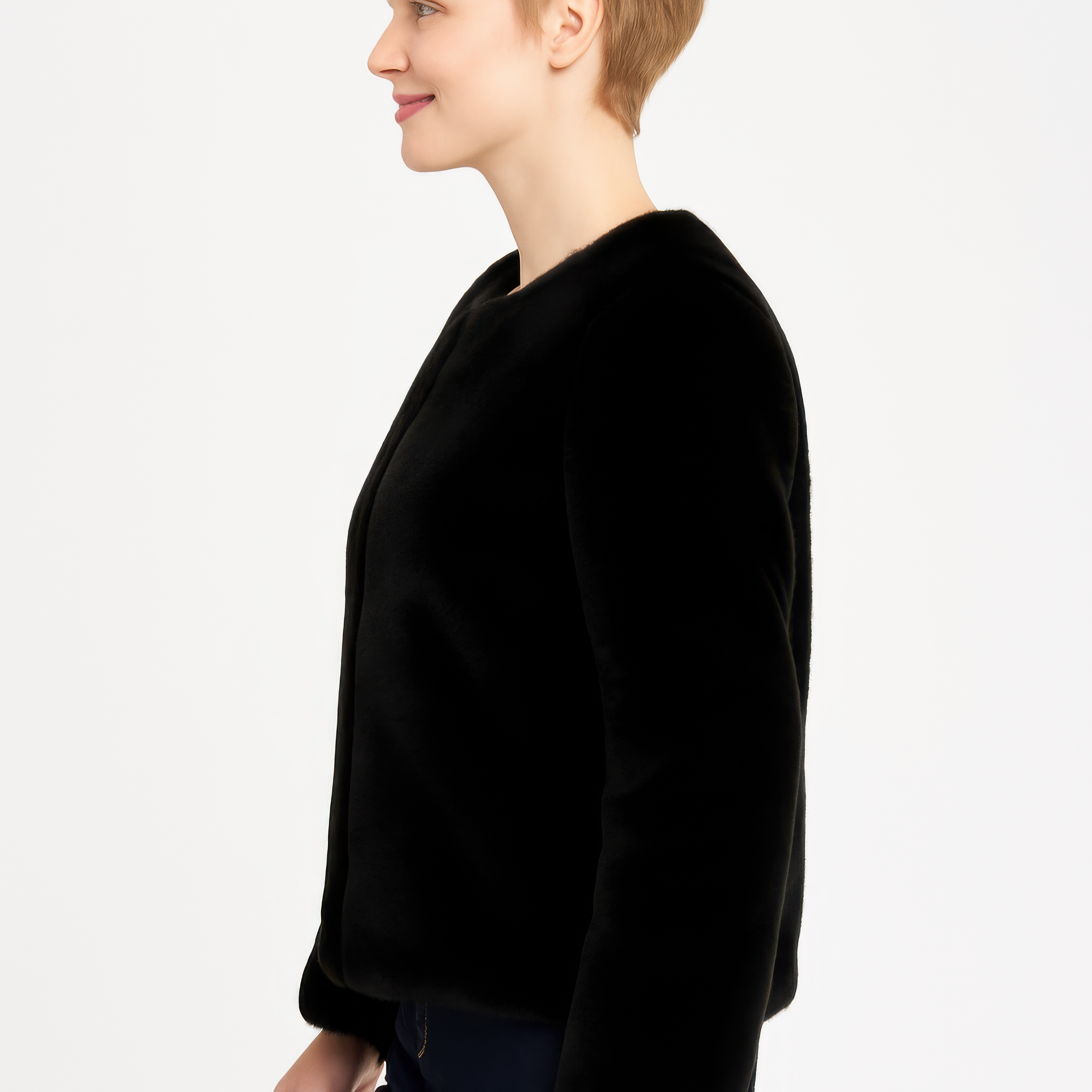 Faux Fur Trim Cape in Black—side view, plush faux fur cape with curved neckline