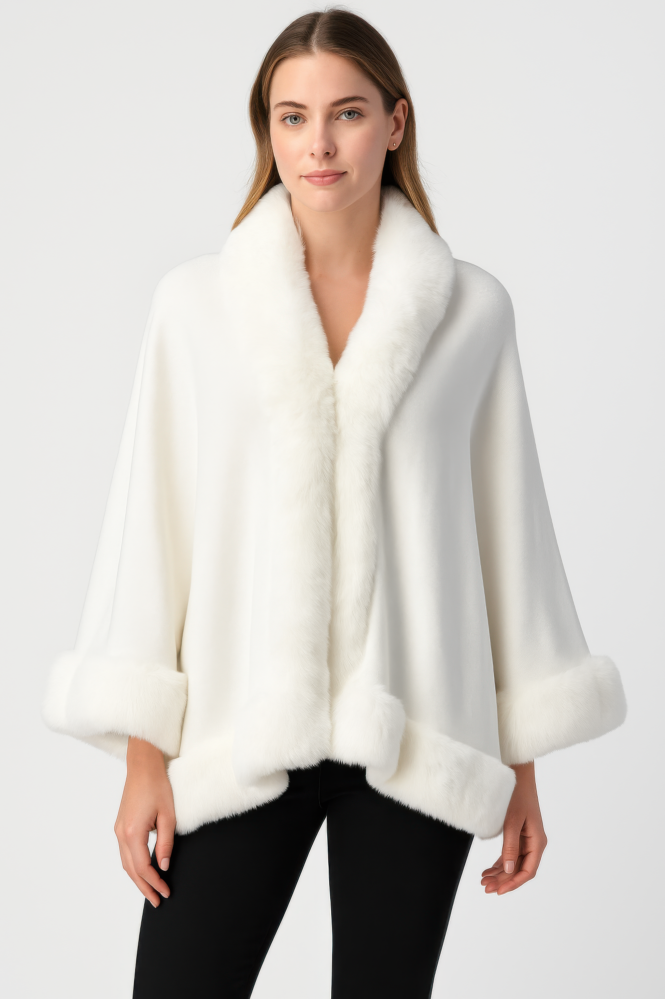 Ivory open-front faux fur trim cape jacket with soft fur collar and cuffs