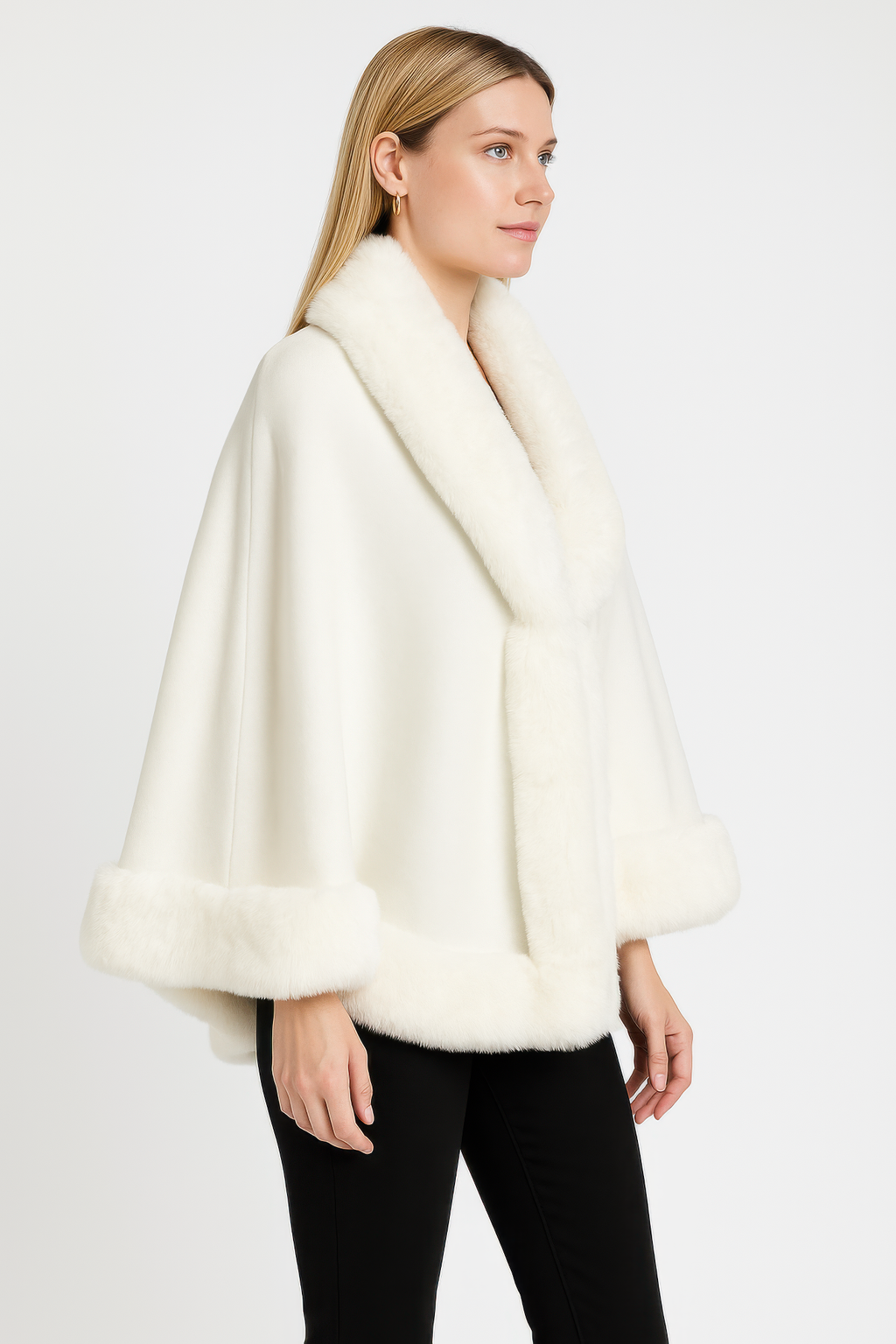 Ivory faux fur-trim cape jacket, open front, wide sleeves and fuzzy cuff detail