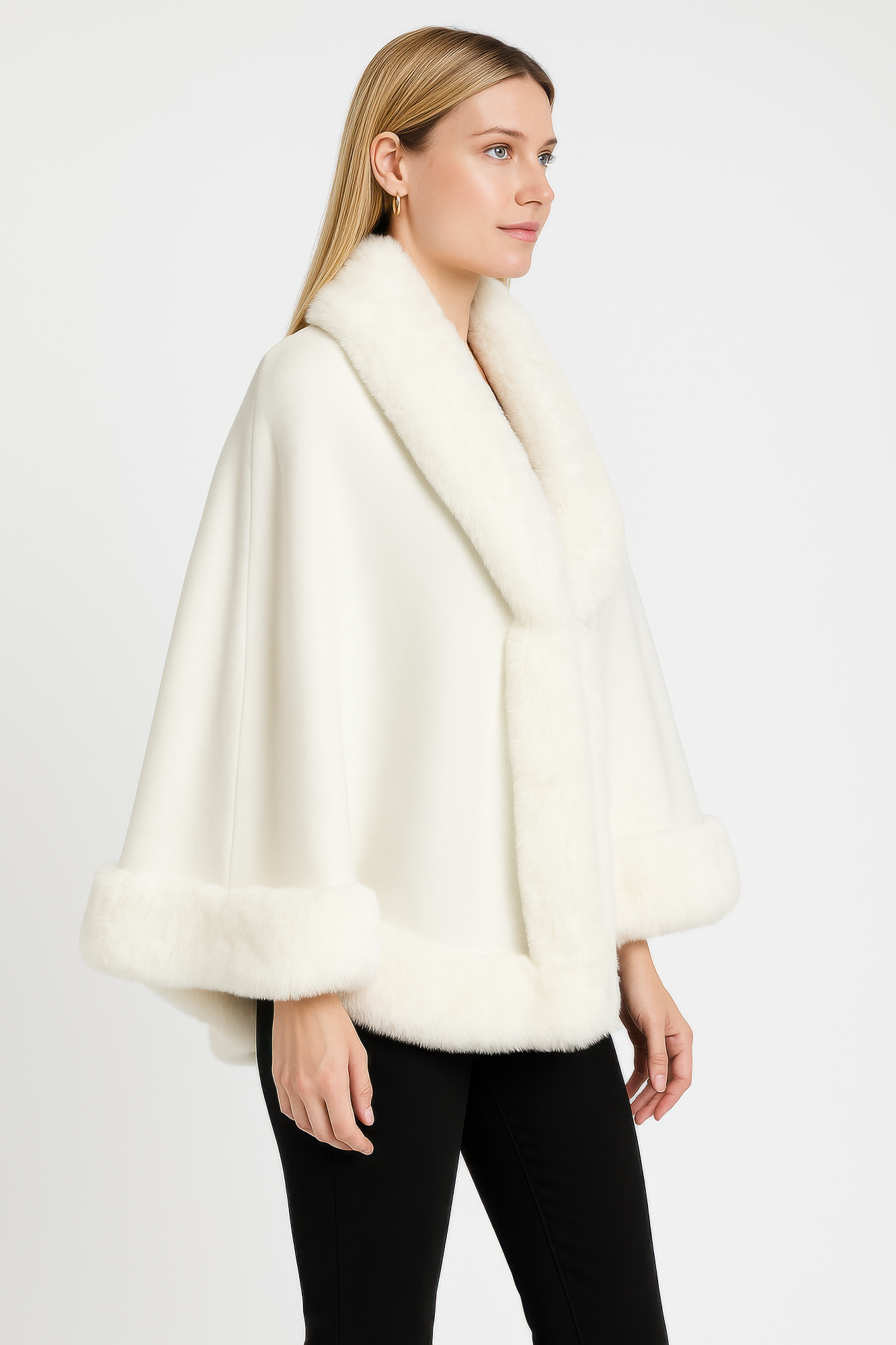 Ivory faux fur-trim cape jacket, open front, wide sleeves and fuzzy cuff detail