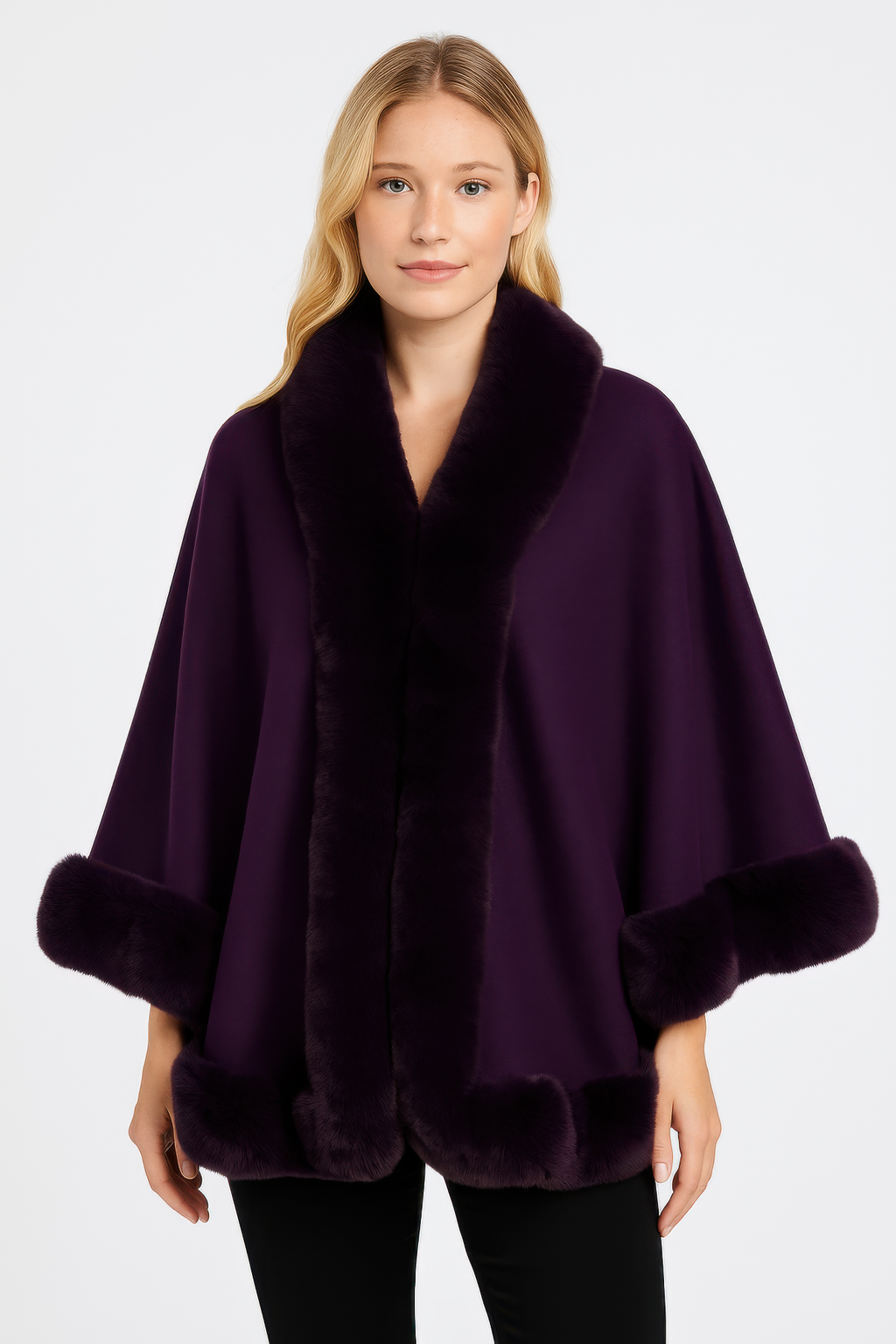 Purple open-front faux fur trim cape jacket with plush fur collar and cuffs