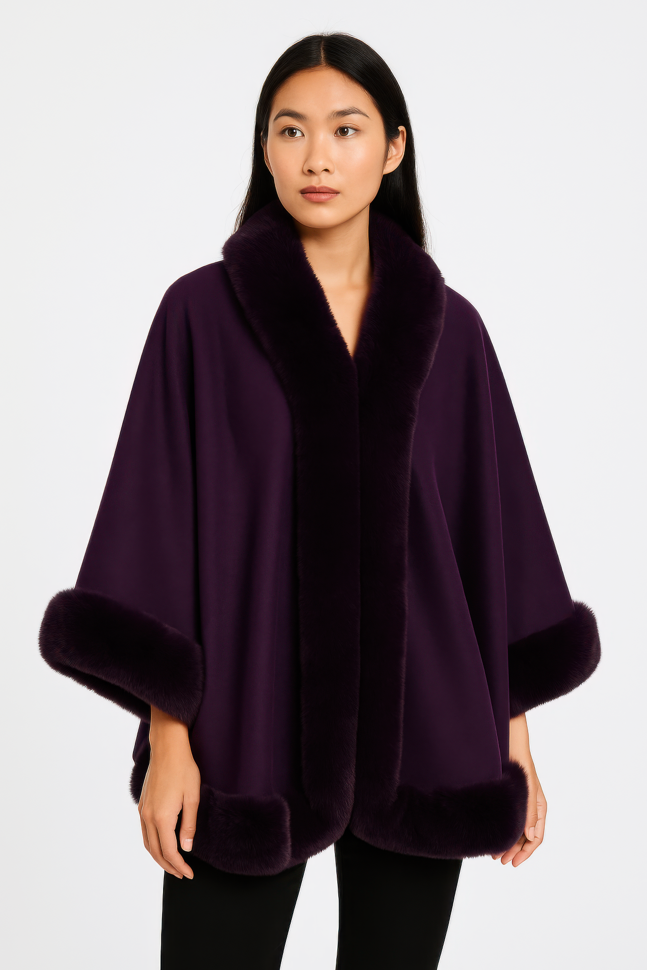 Purple faux fur-trim cape jacket, open front, soft fur edging at hem and sleeves