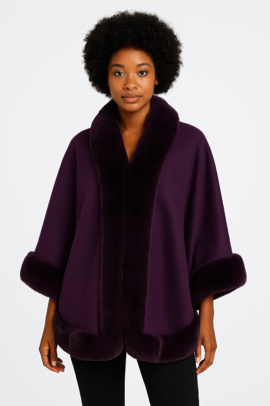 Purple cape jacket with faux fur trim along the front, collar, and lower cuffs