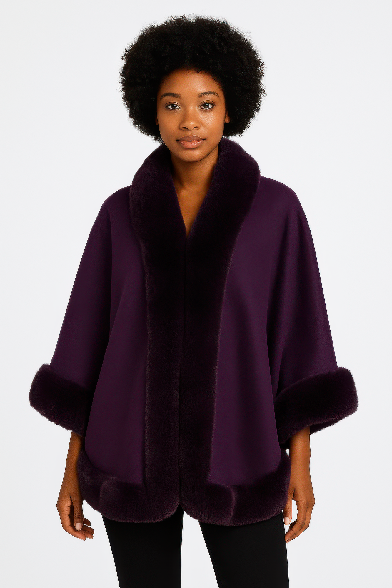 Purple cape jacket with faux fur trim along the front, collar, and lower cuffs