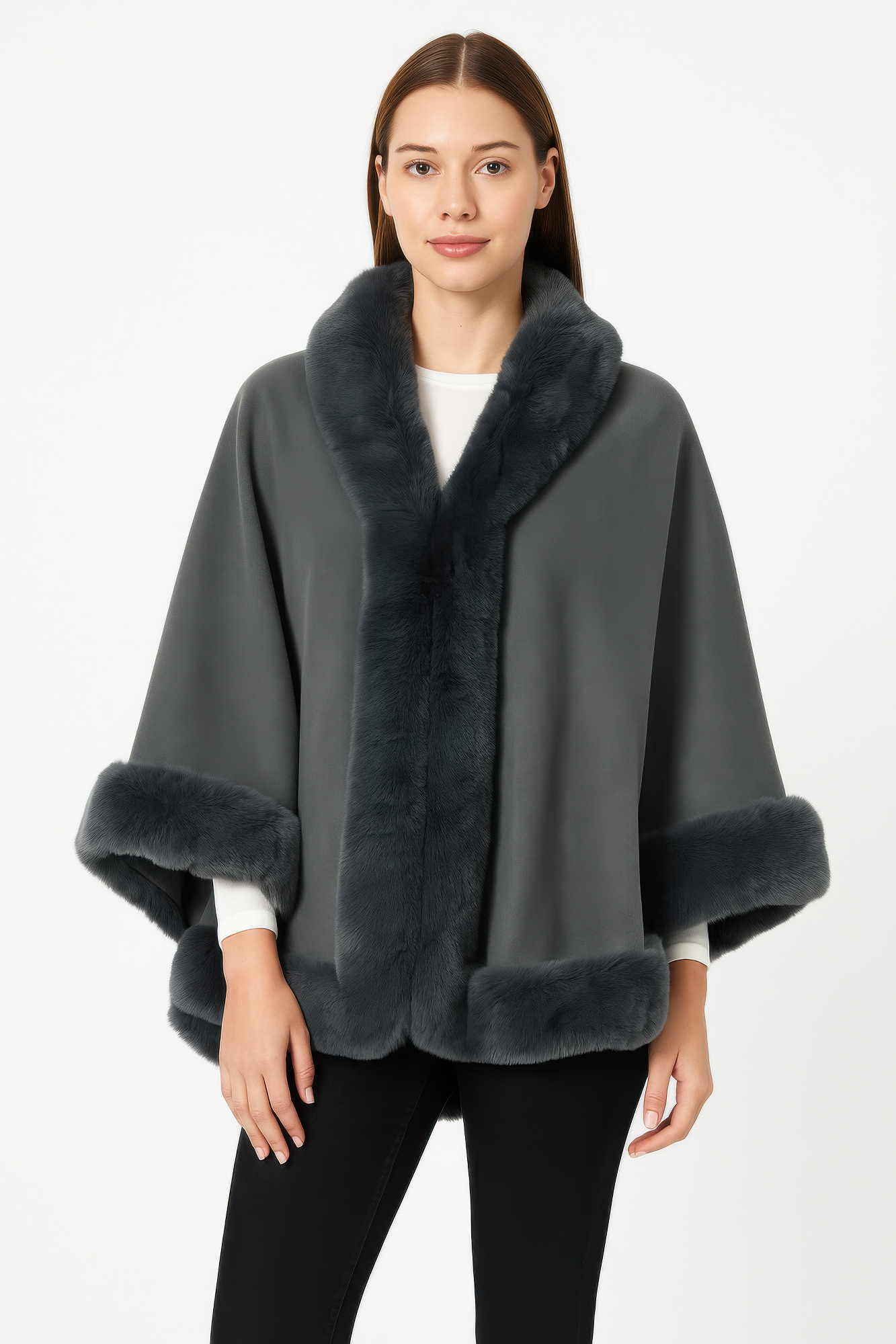 Charcoal open-front faux fur trim cape jacket with fuzzy collar and sleeve cuffs
