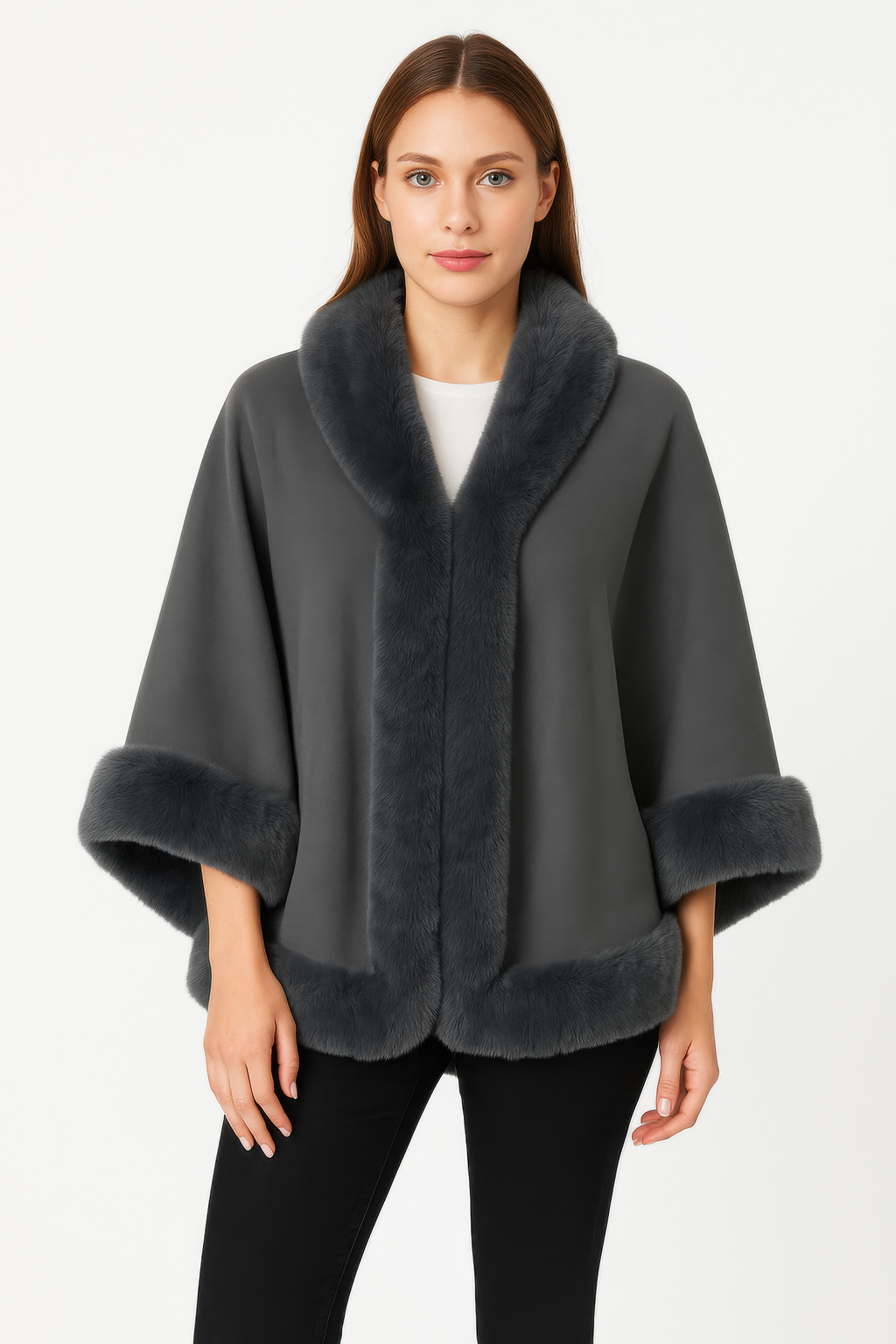 Charcoal cape jacket with faux fur trim at the front opening, collar, and hem